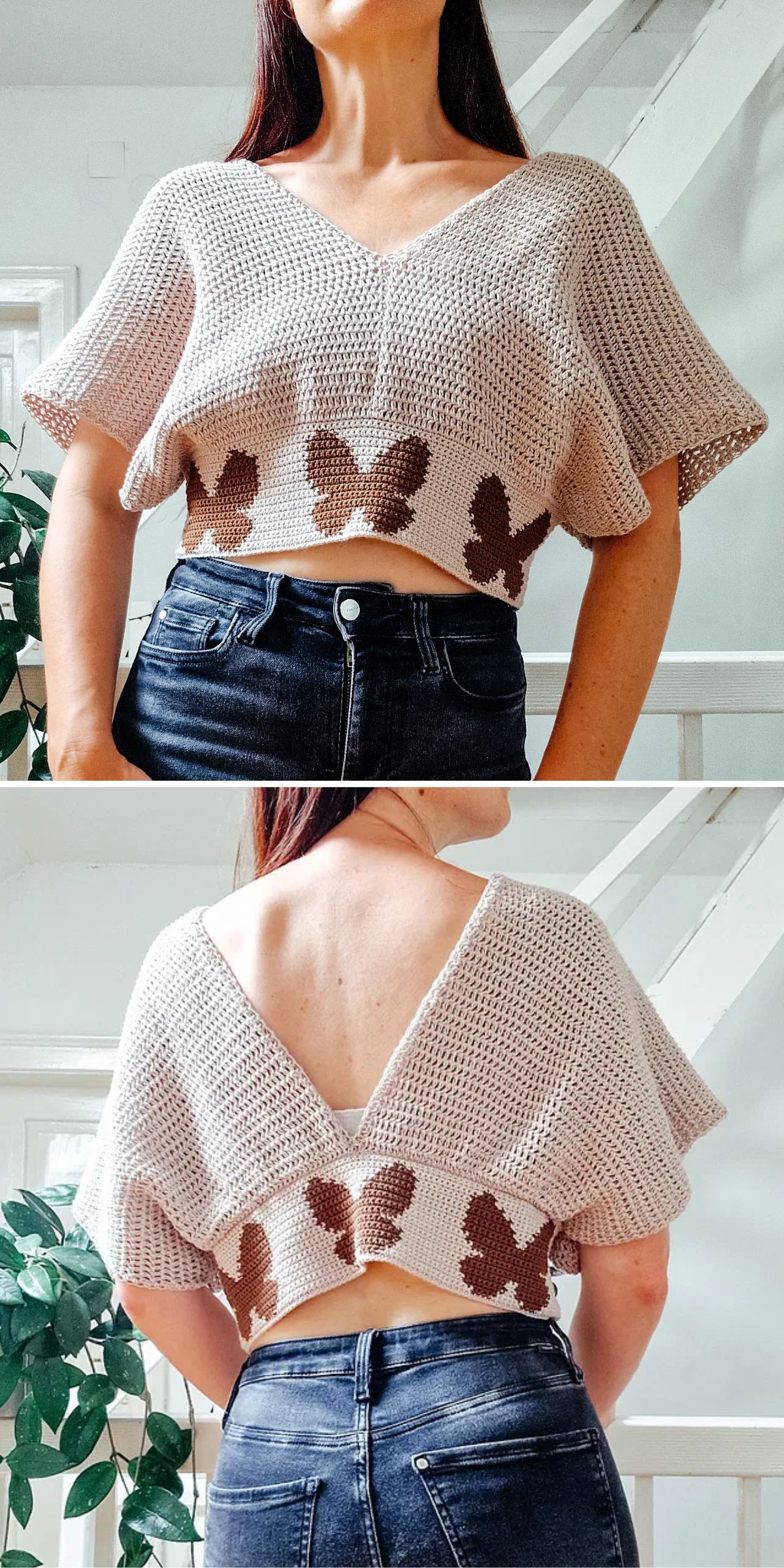 a crochet crop top with butterfly motifs
