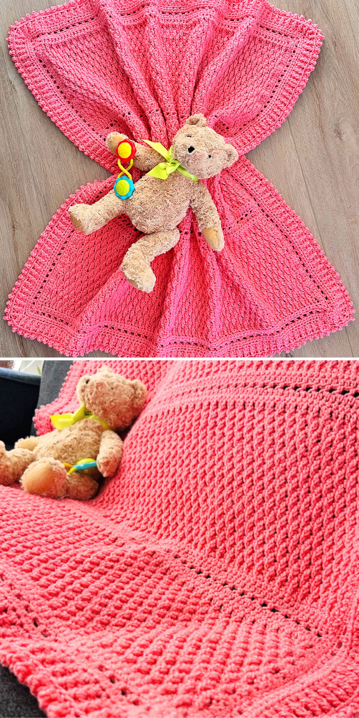 an alpine stitch crochet baby blanket in a deep pink color