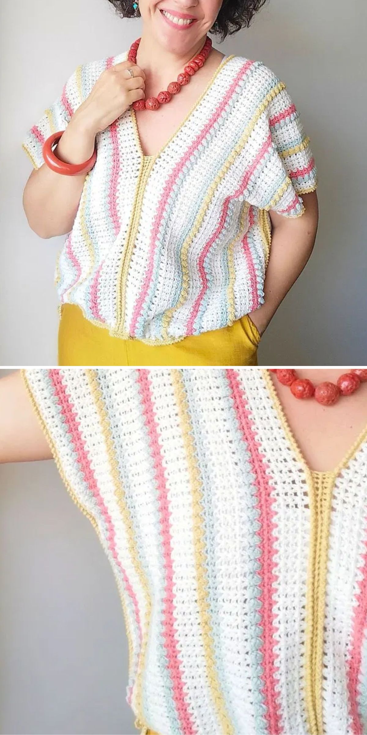 a crochet V-neck summer top featuring colorful vertical stripes