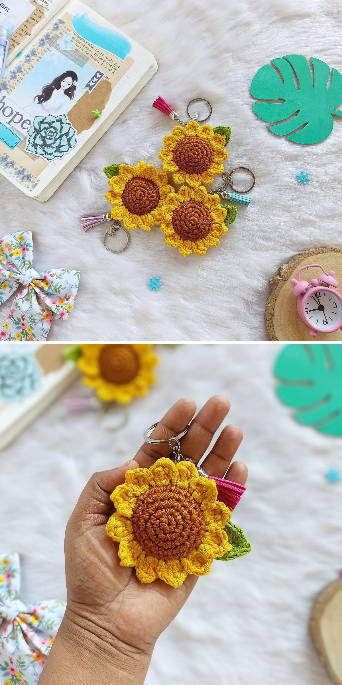 a set of sunflower crochet keychains