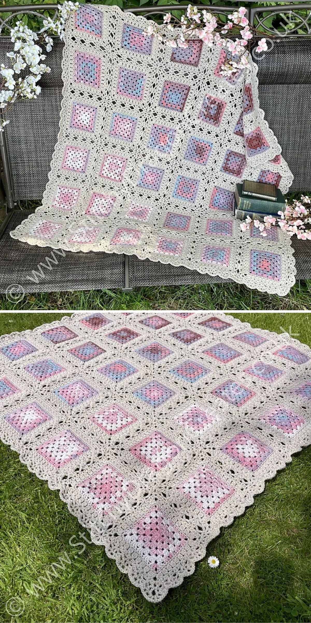 a crochet afghan blanket built from granny squares in light colors