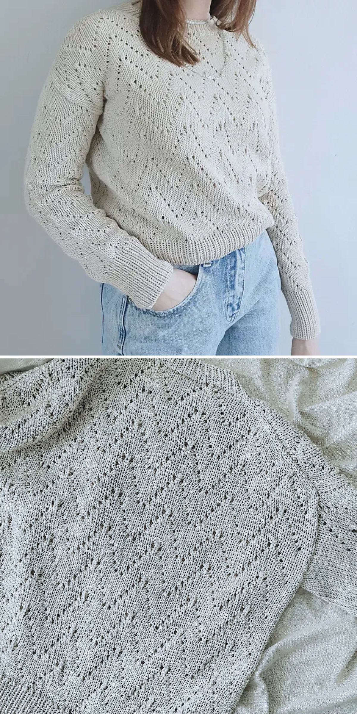 a white knitted sweater with lace inserts