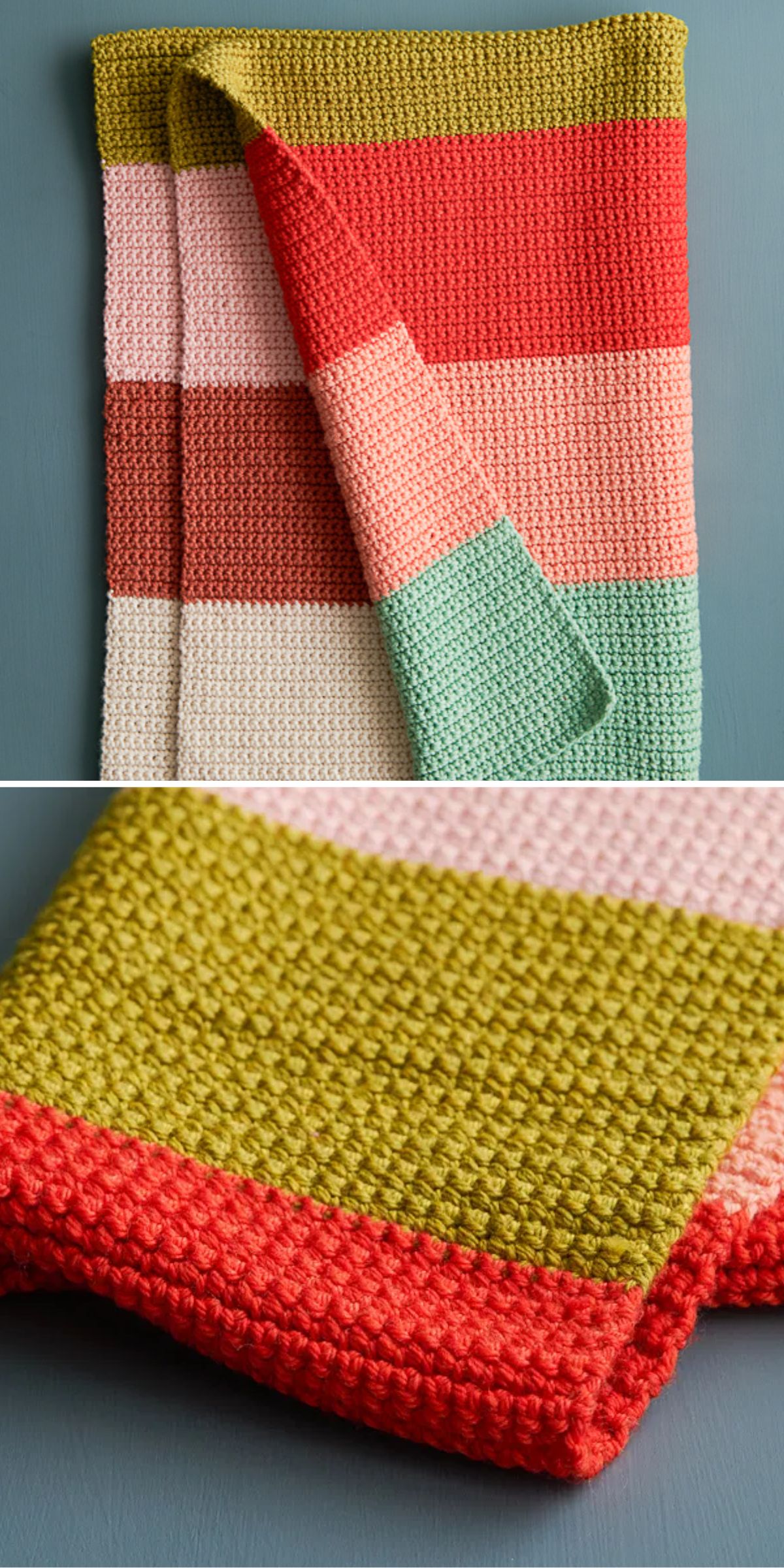 a simple crochet baby blanket featuring wide colorful stripes