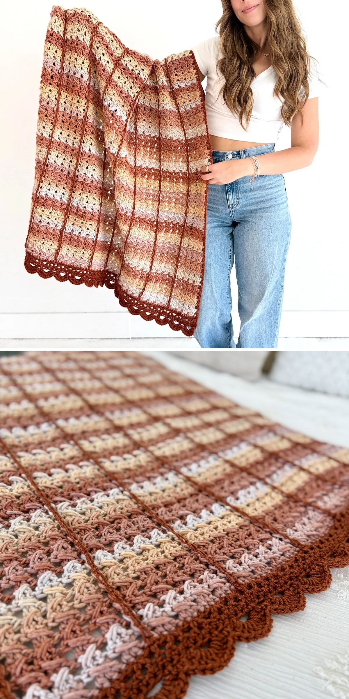 a striped crochet throw in warm colors