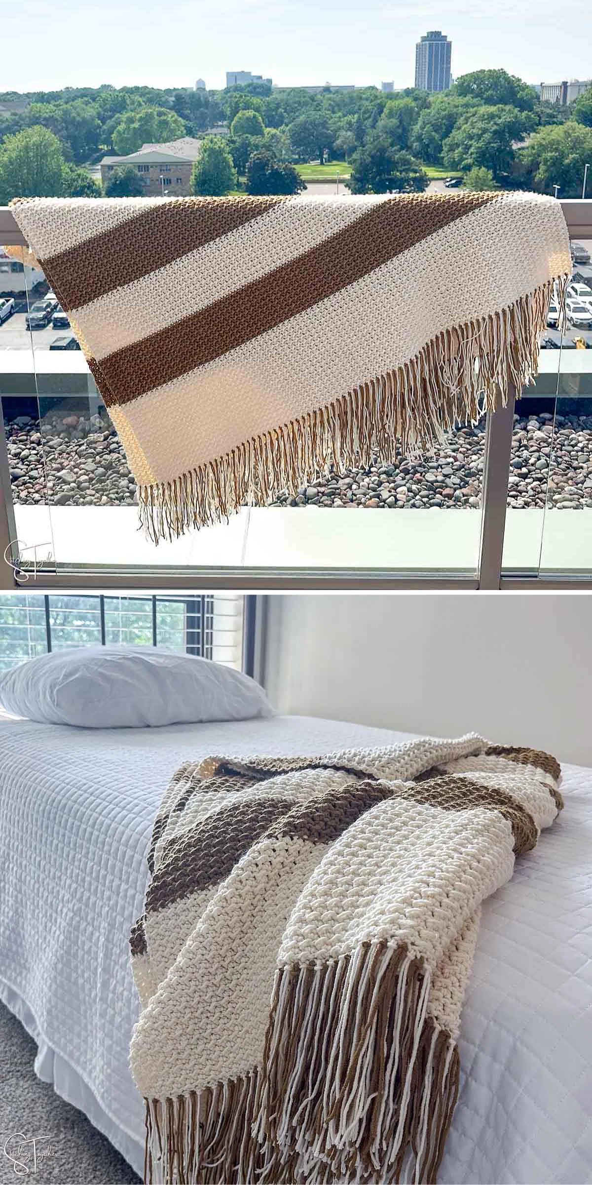 a cozy crochet throw featuring a two-tone wide-striped design
