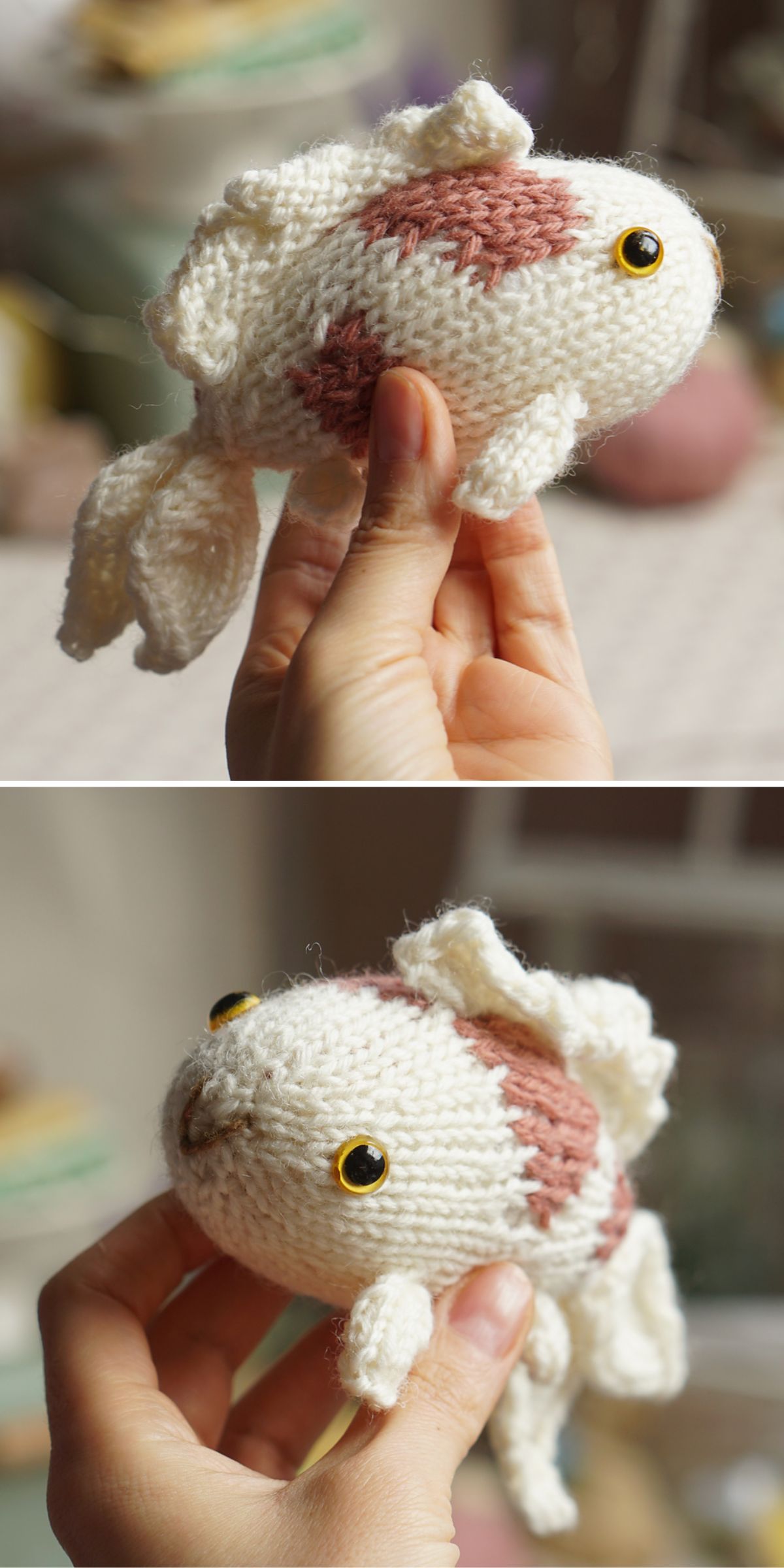 a small knitted carp fish amigurumi