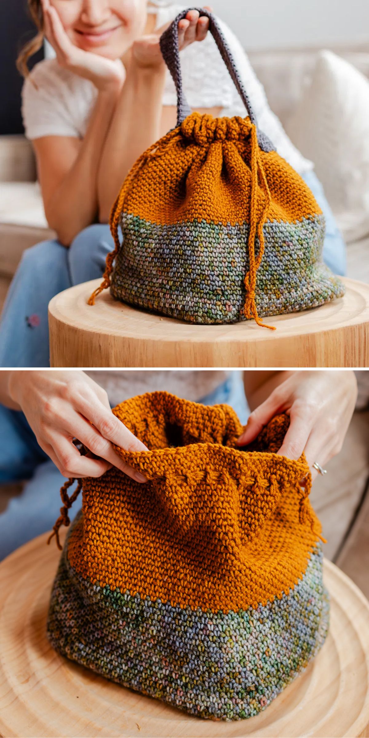 a stylish two-tone crochet drawstring bag