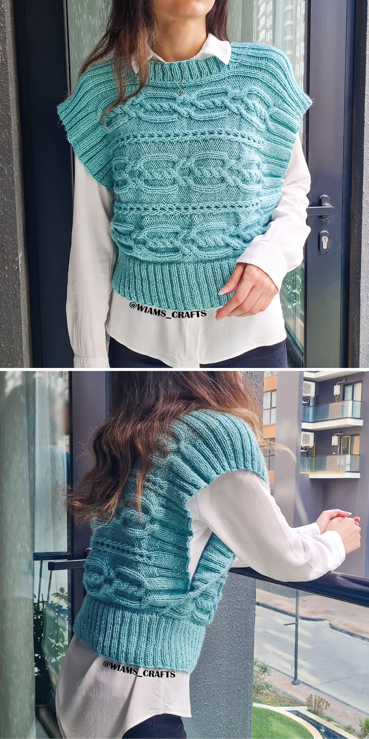 a beautiful knitted vest with bold cabled texture in a turquoise color