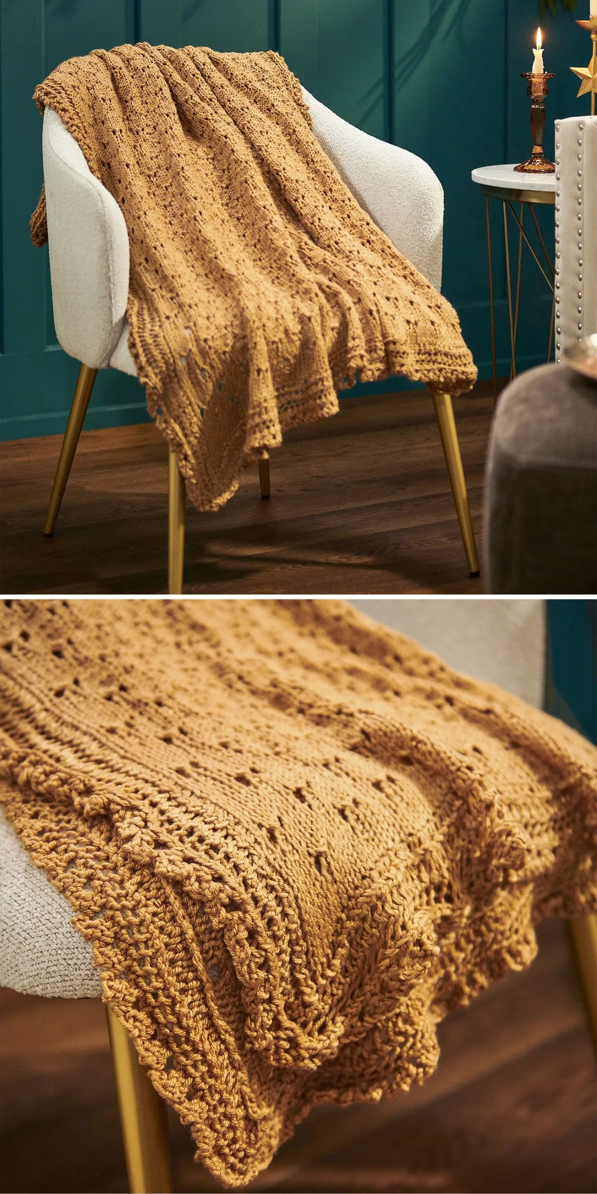 a knit lace blanket in a muted yellow color