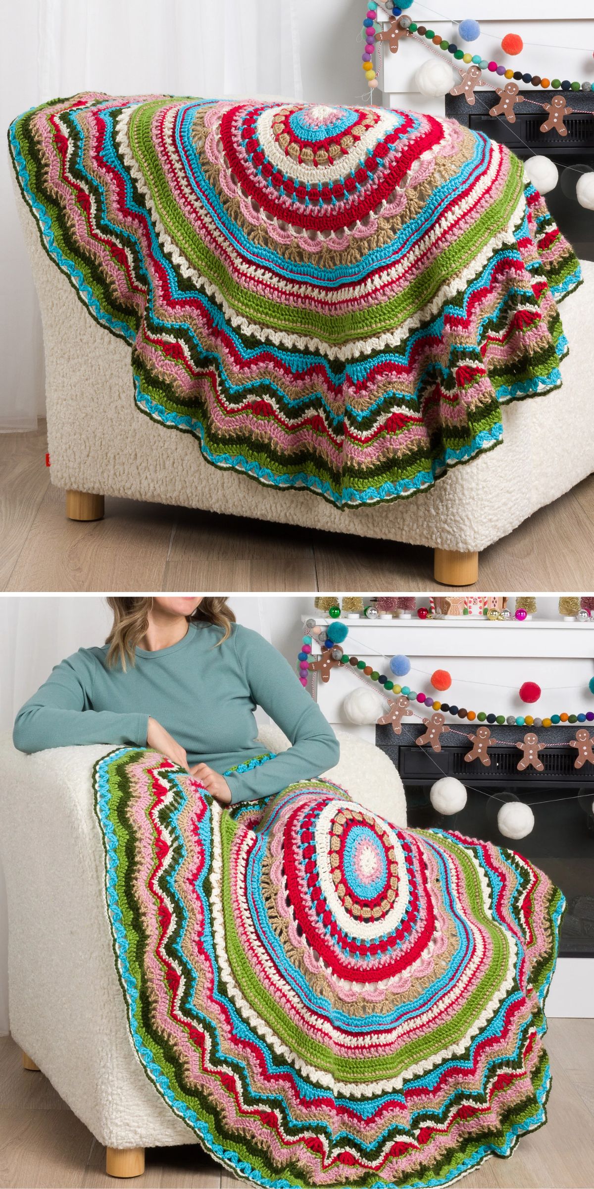 a round crochet blanket with a colorful striped design
