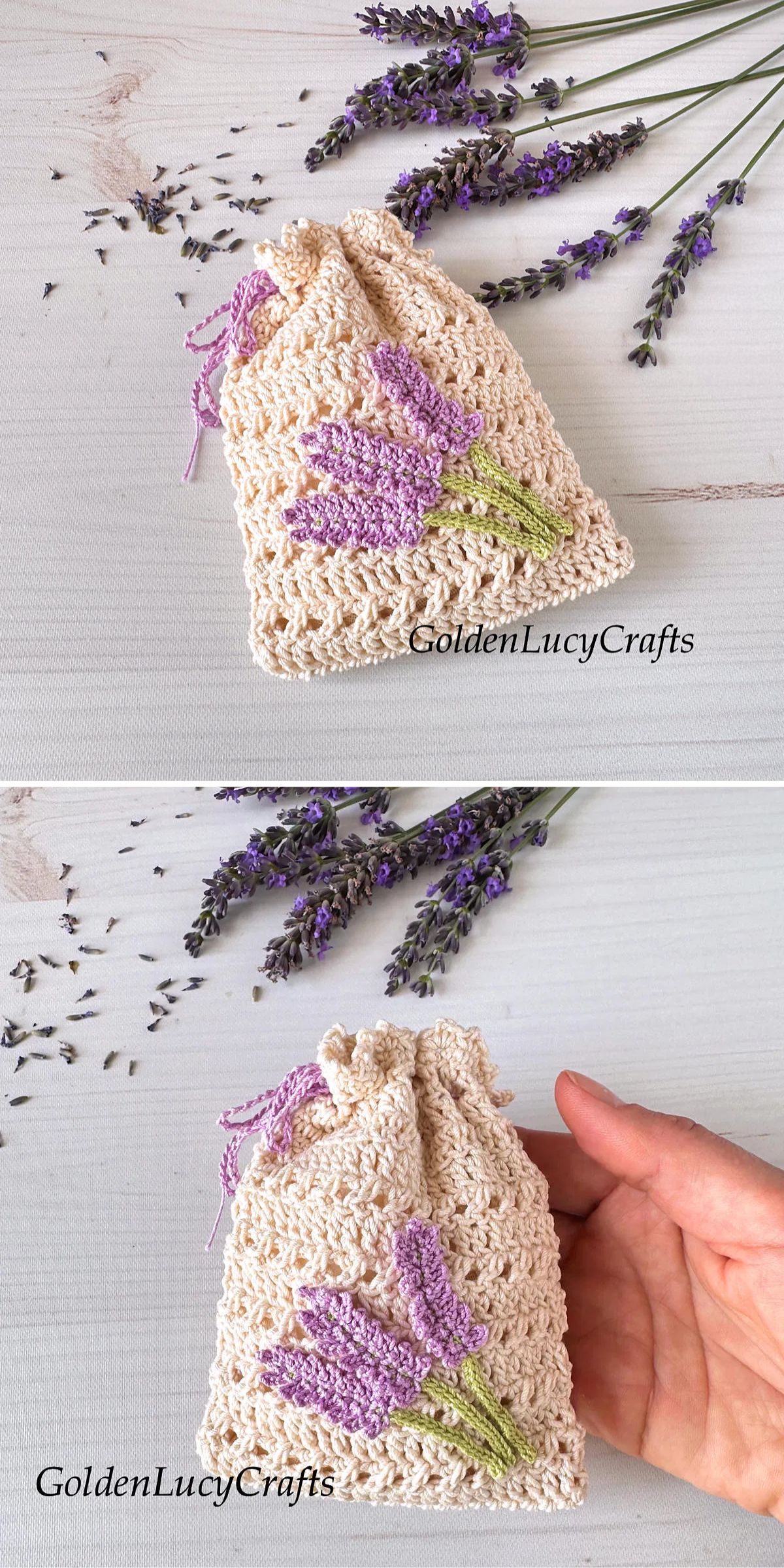 a small crochet sachet with lavender motifs