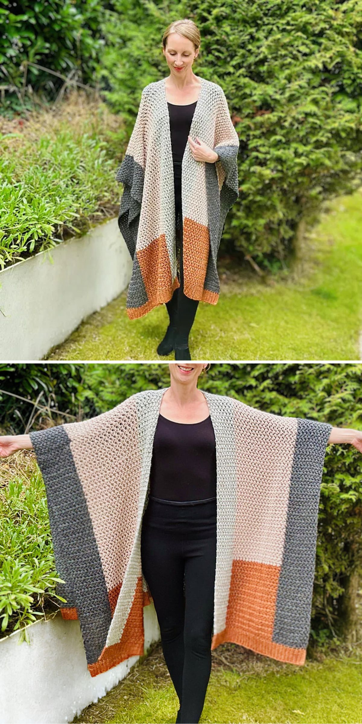 an elegant crochet ruana with a multicolored design