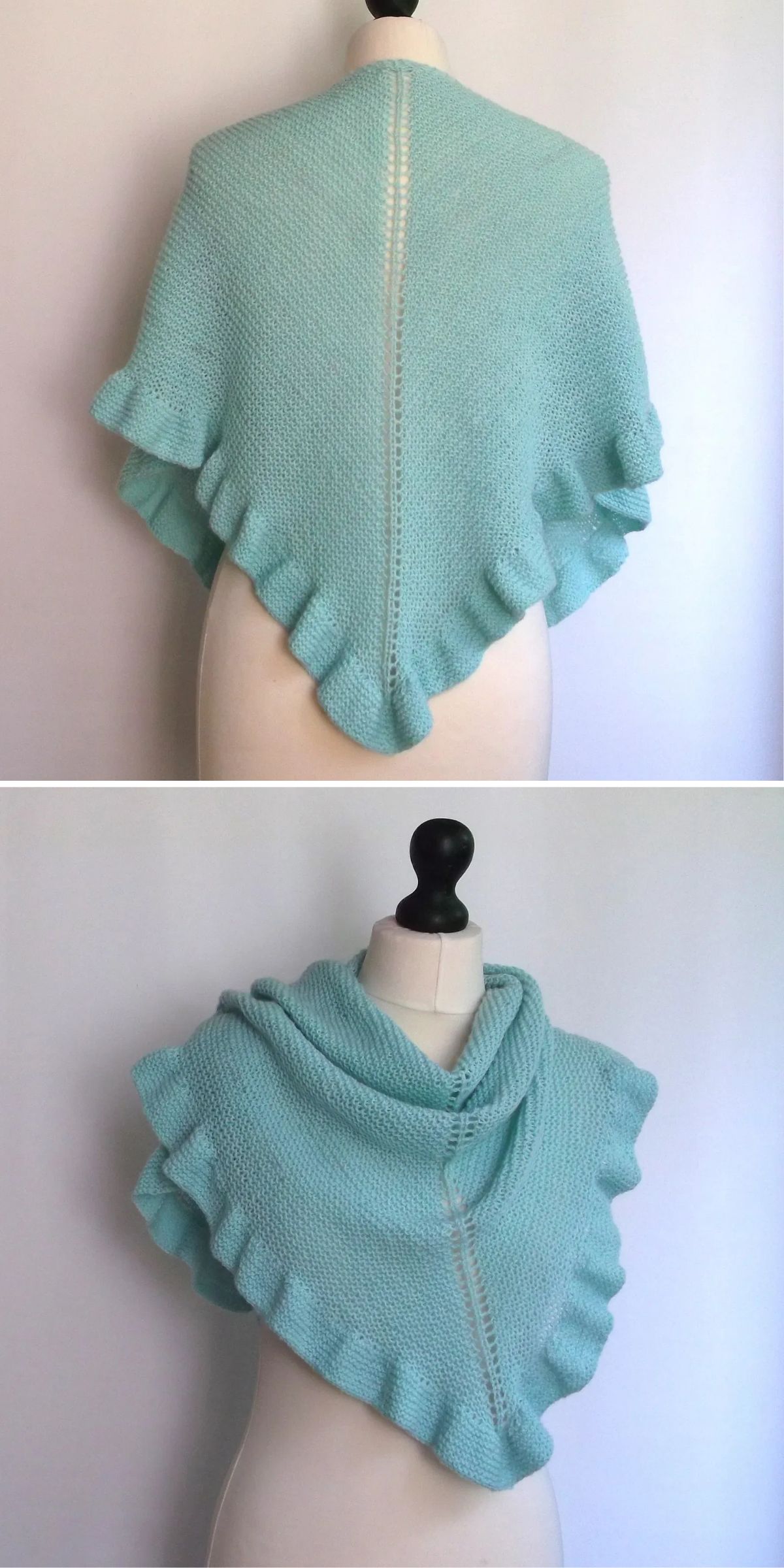 a light blue knit shawl with ruffles