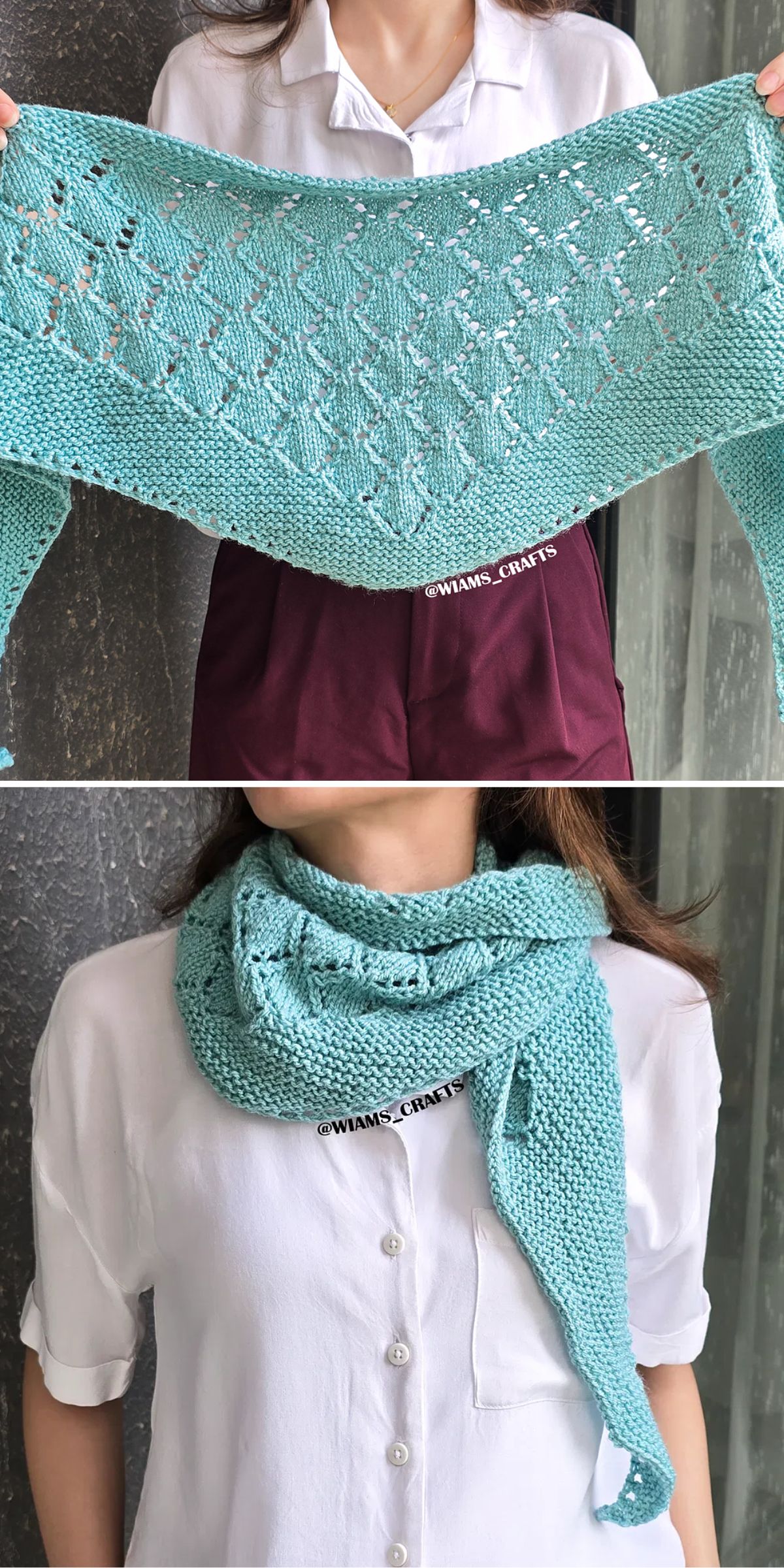 a blue triangle-shaped knitted shawl