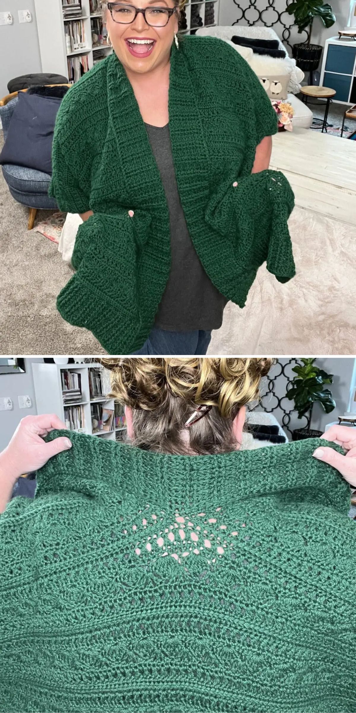 a fashionable crochet ruana with pockets in a deep green color