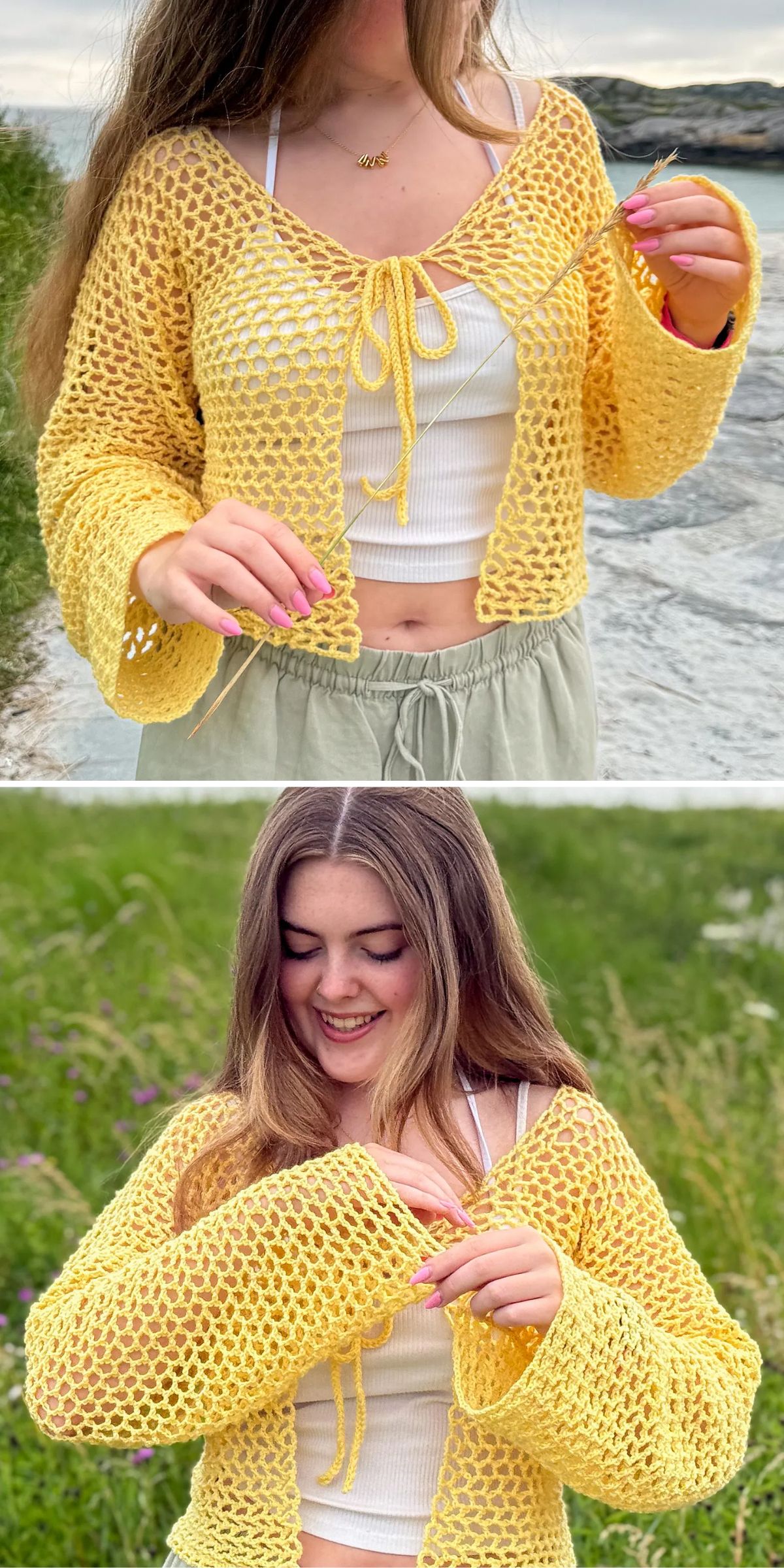 a woman wearing a light mesh crochet cardigan in a yellow color