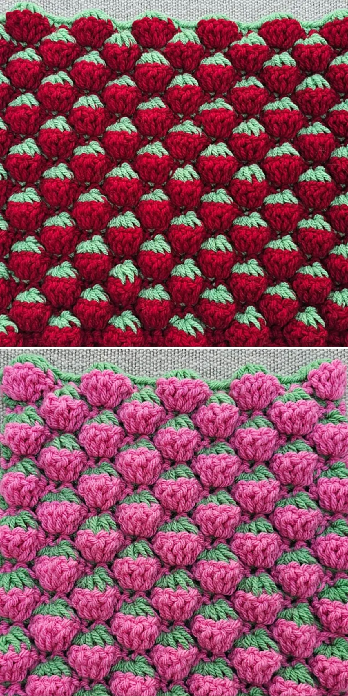 a fabric worked with crochet strawberry stitches in red and in pink