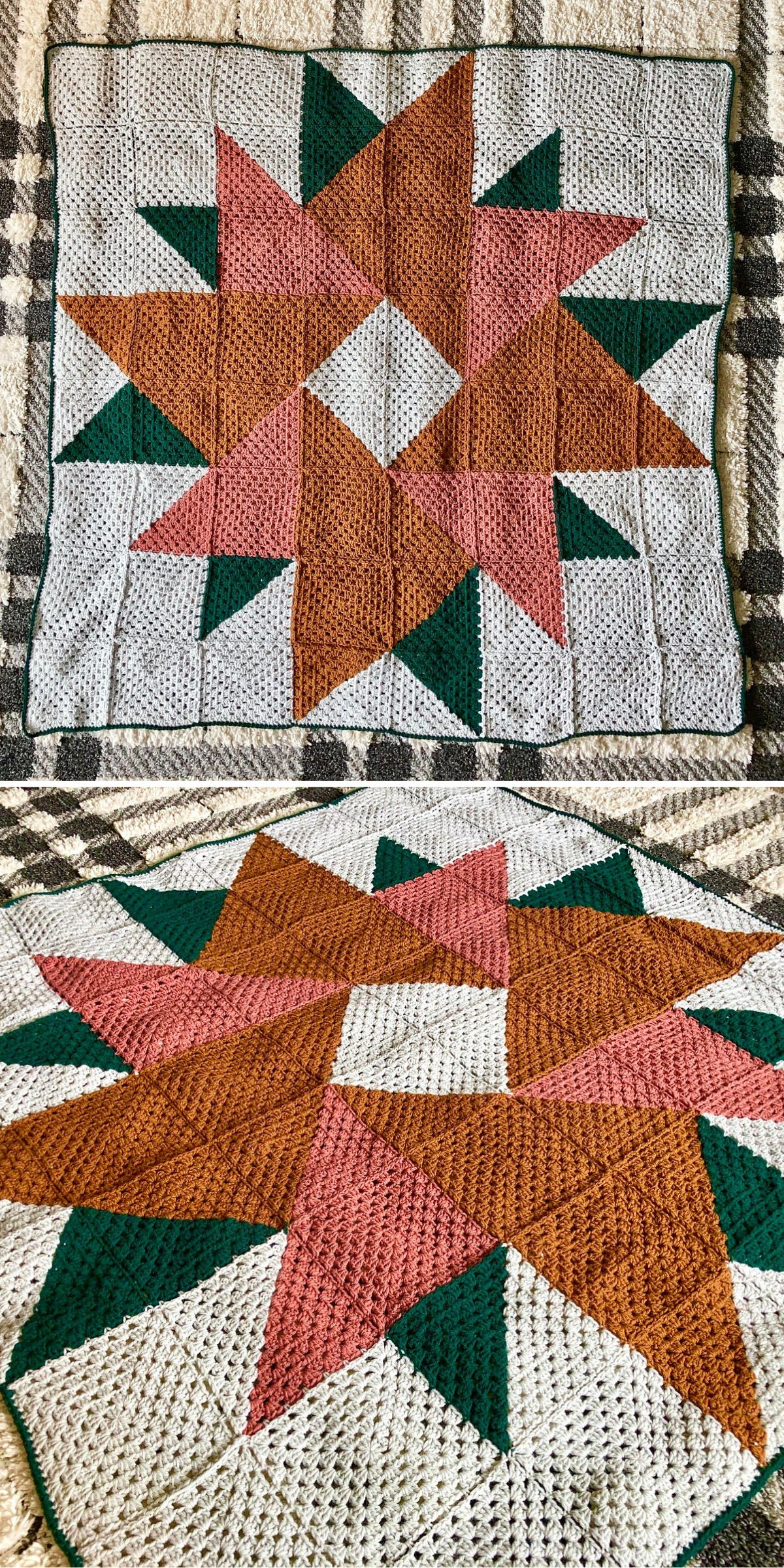 a quilt-like crochet blanket made of granny squares that form a vivid geometric design