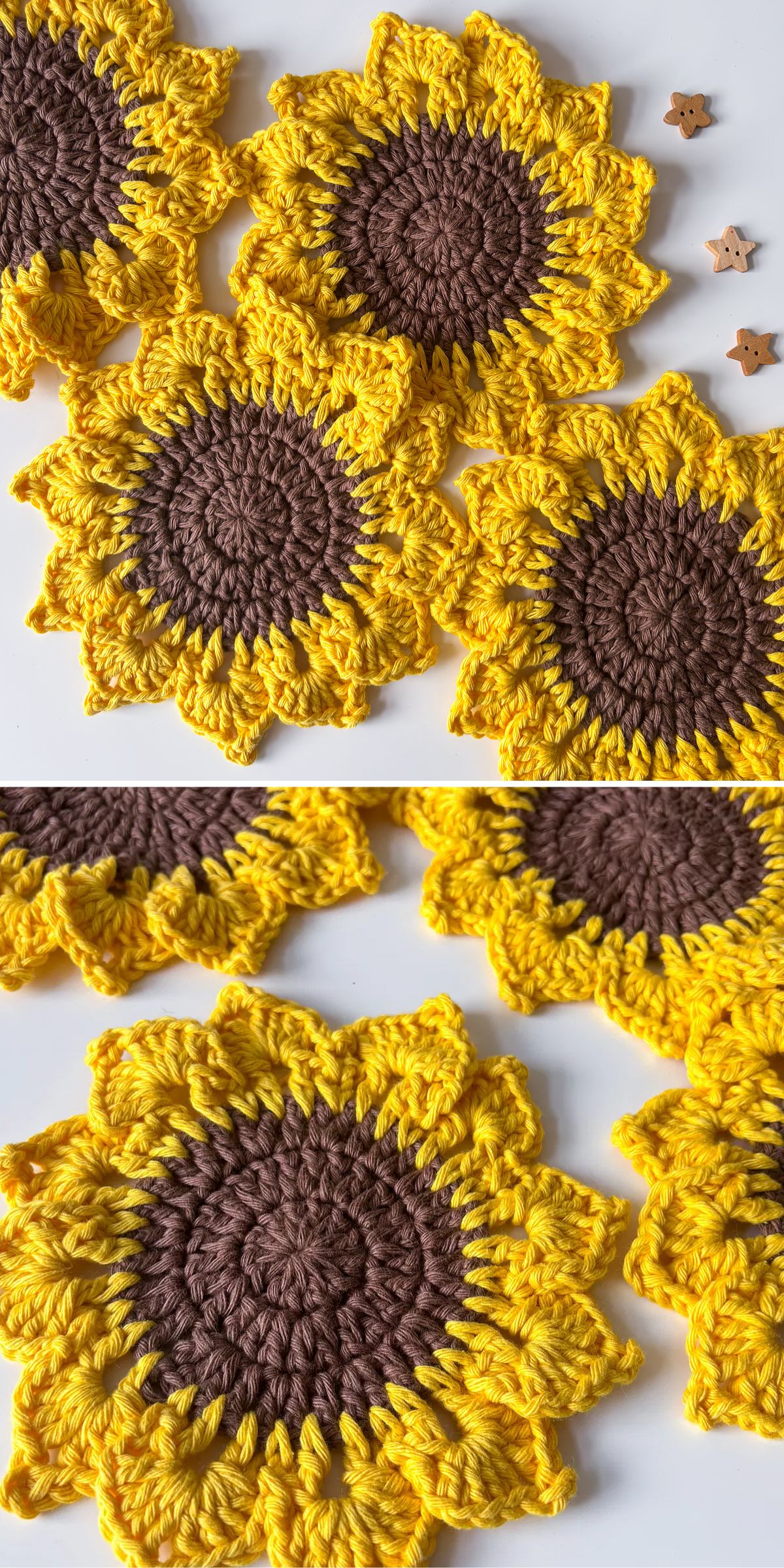 a set of crochet sunflower coasters