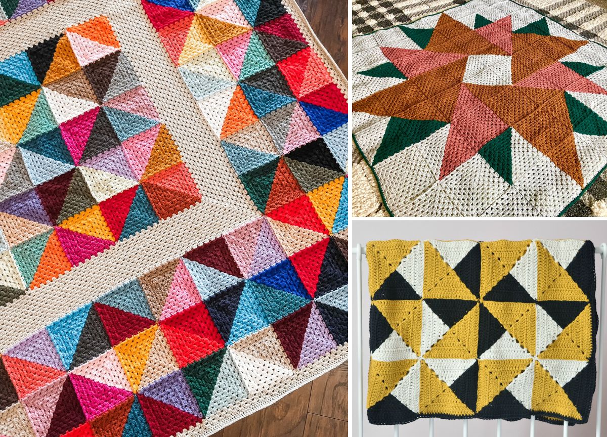 a set of colorful crochet pinwheel blankets