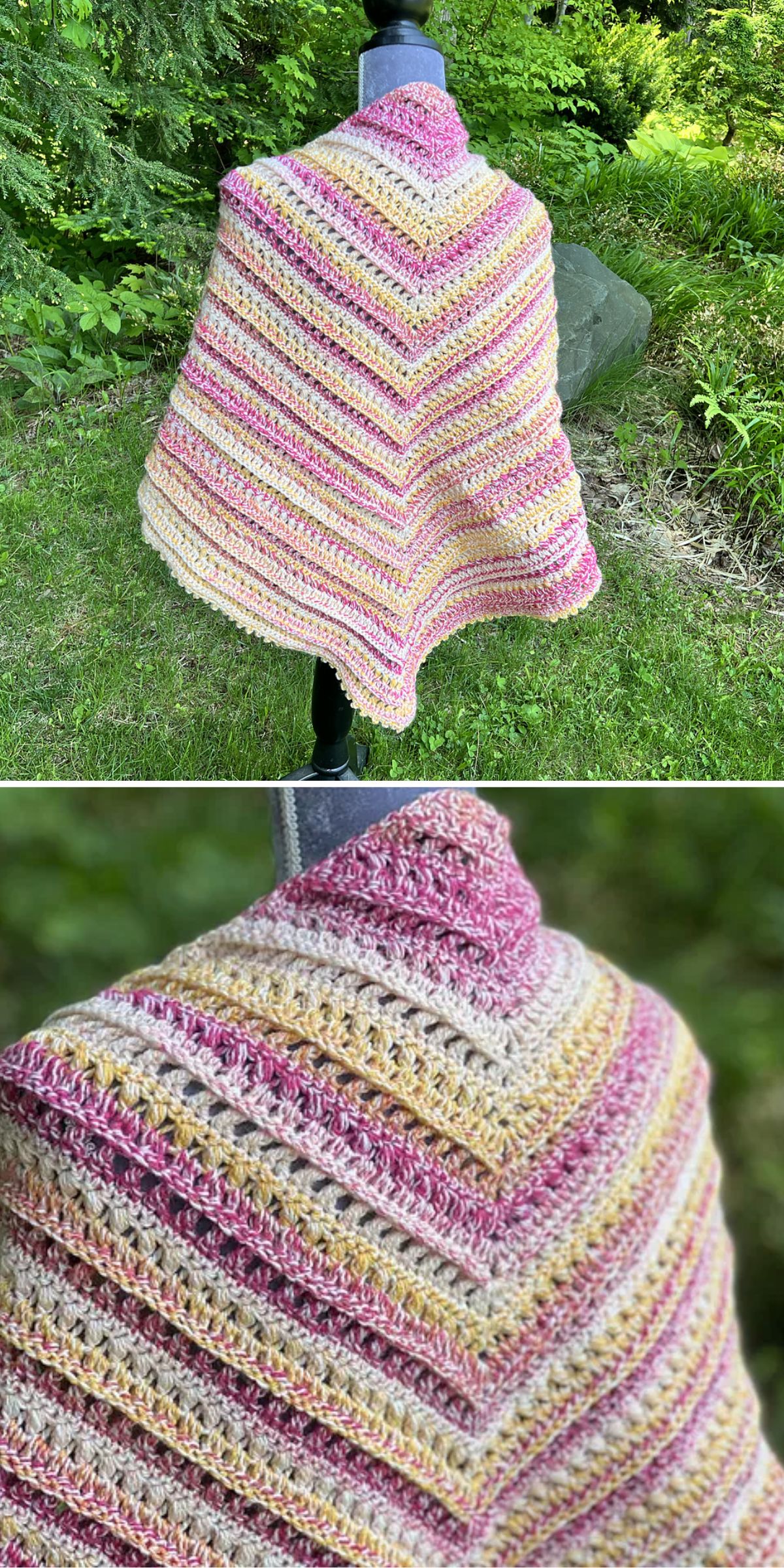 a crocheted shawl with a striped design in pink and purple shades