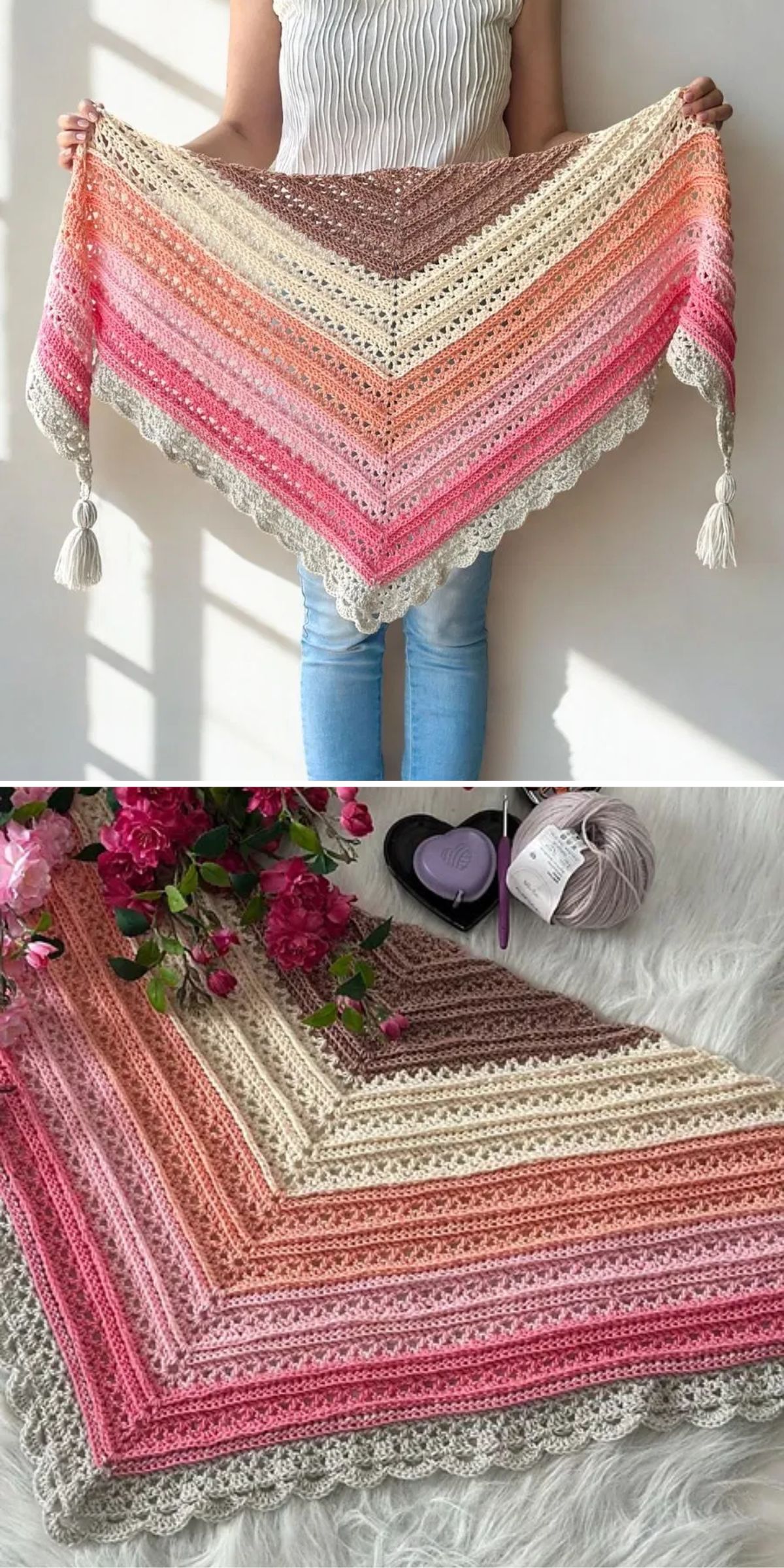 a crochet triangle shawl in pastel pink colors