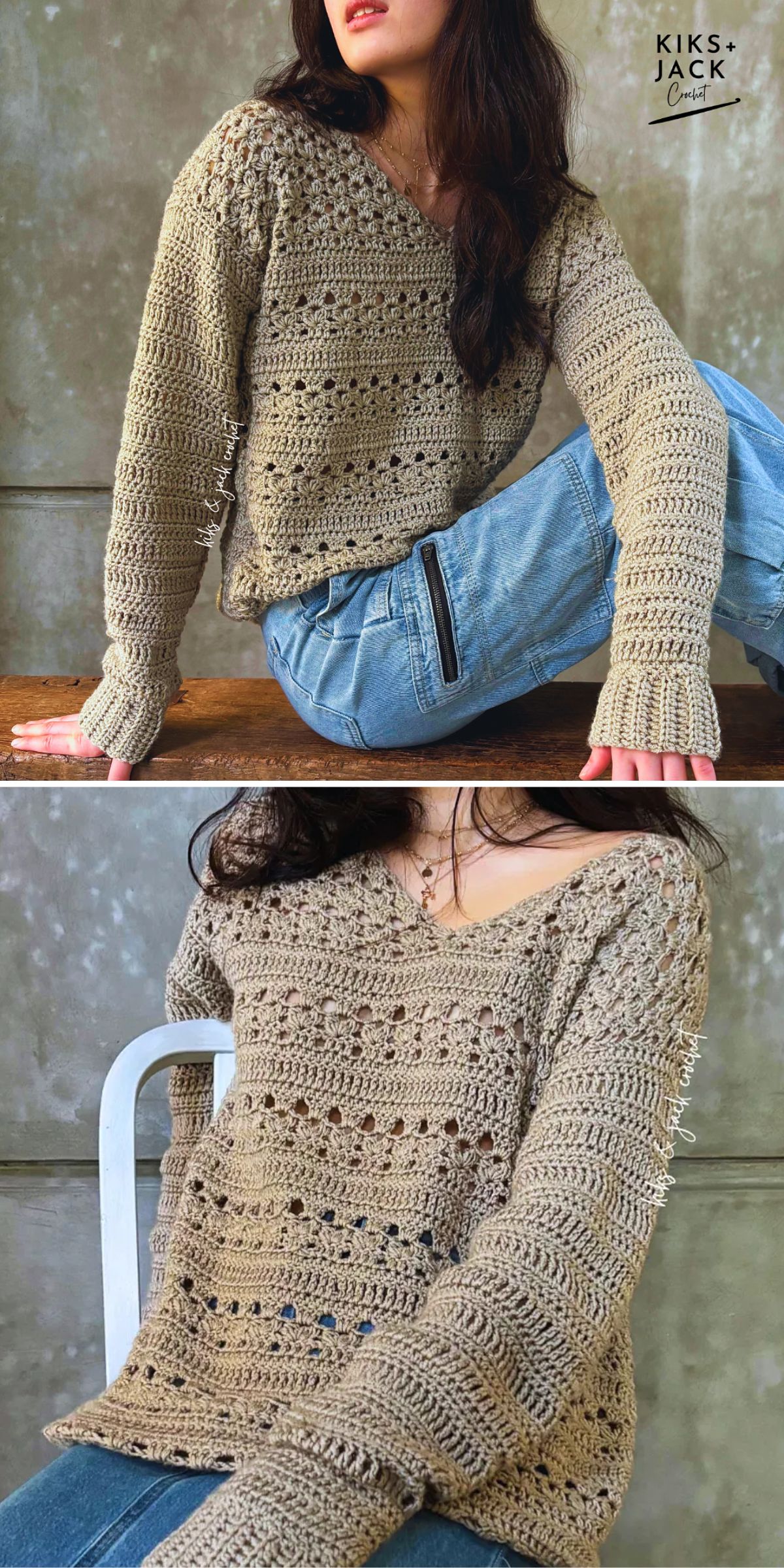 a woman wearing a light crochet sweater in a delicate green color