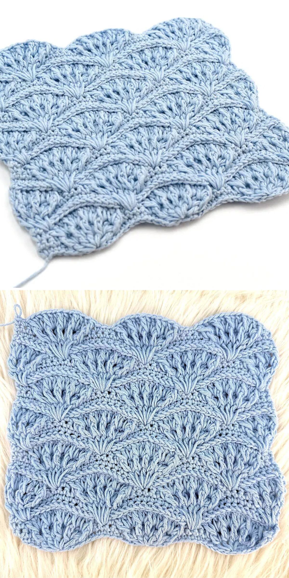 a crochet swatch featuring lovely textured fan stitches