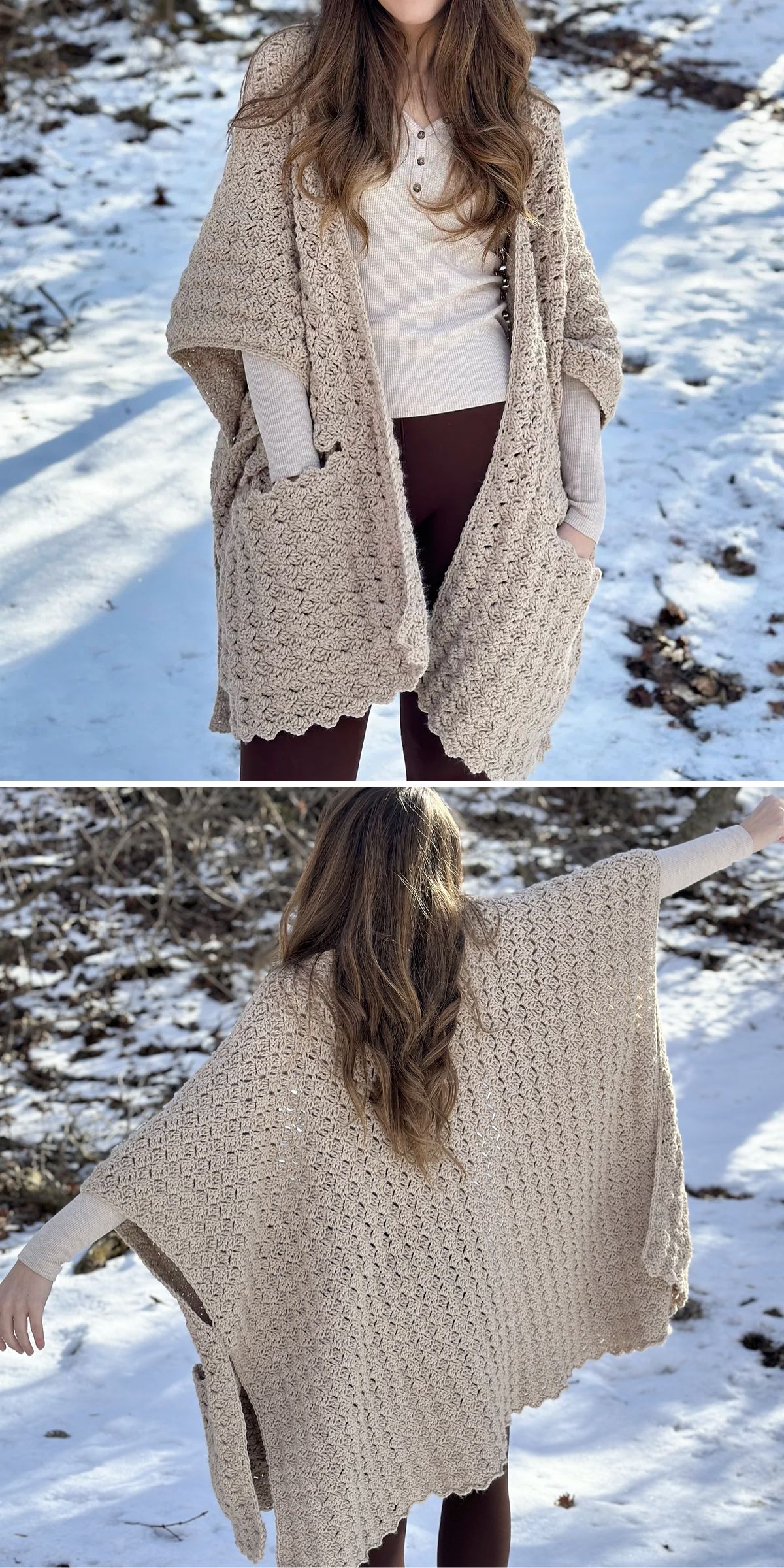 a crochet pocket ruana in a neutral color