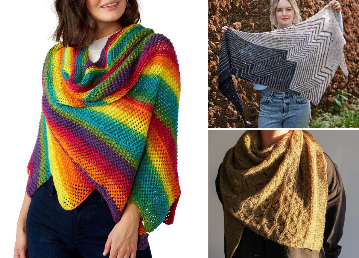 three knitted assymetrical shawls in different colors
