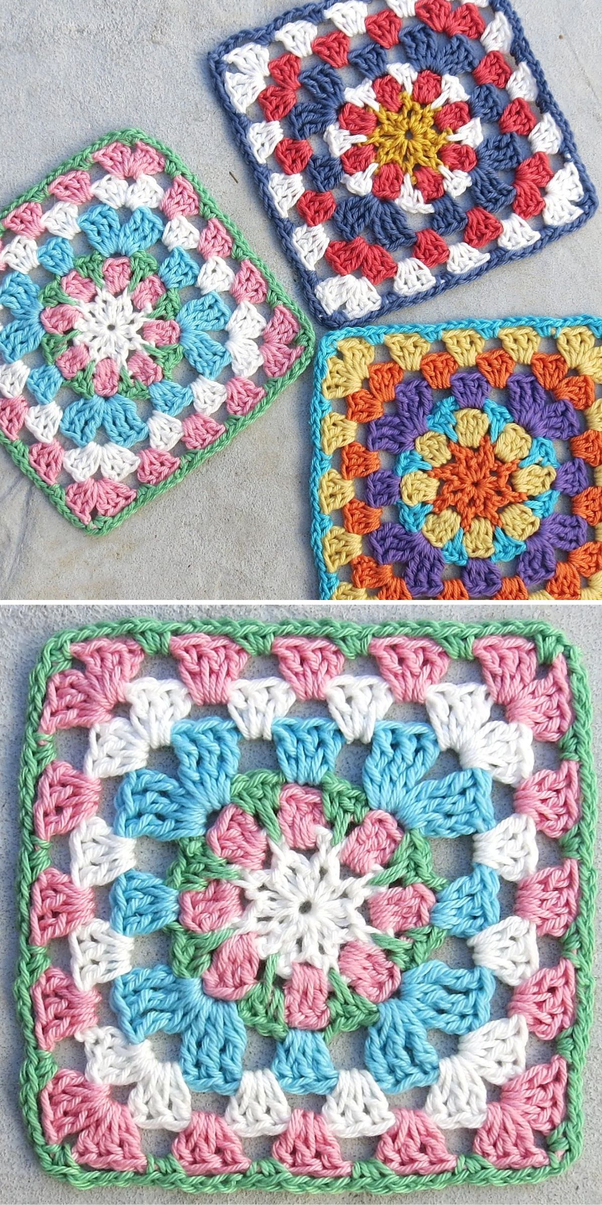 a simple colorful crochet granny squares with floral motifs