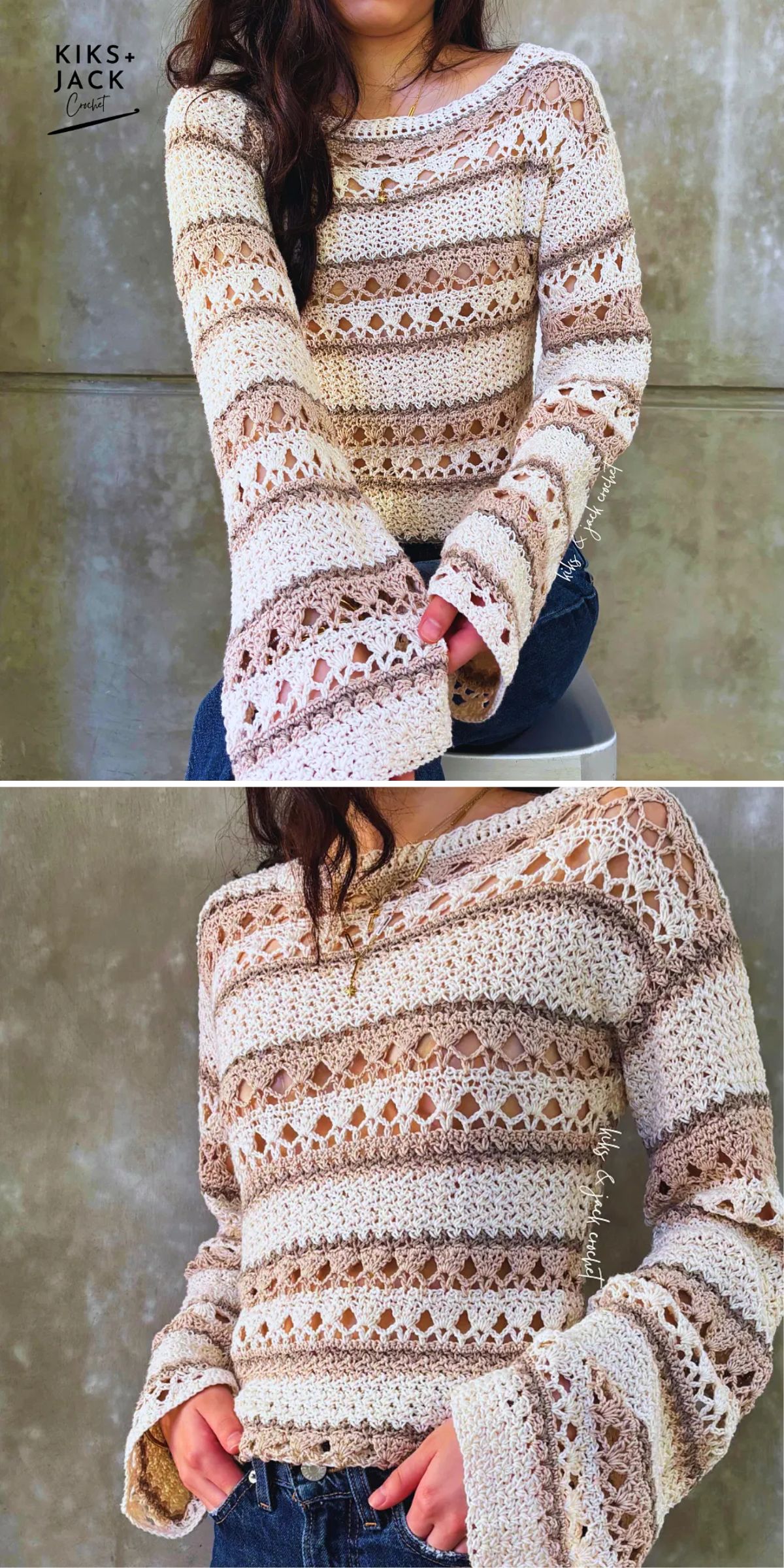 a crochet lace sweater in neutral colors