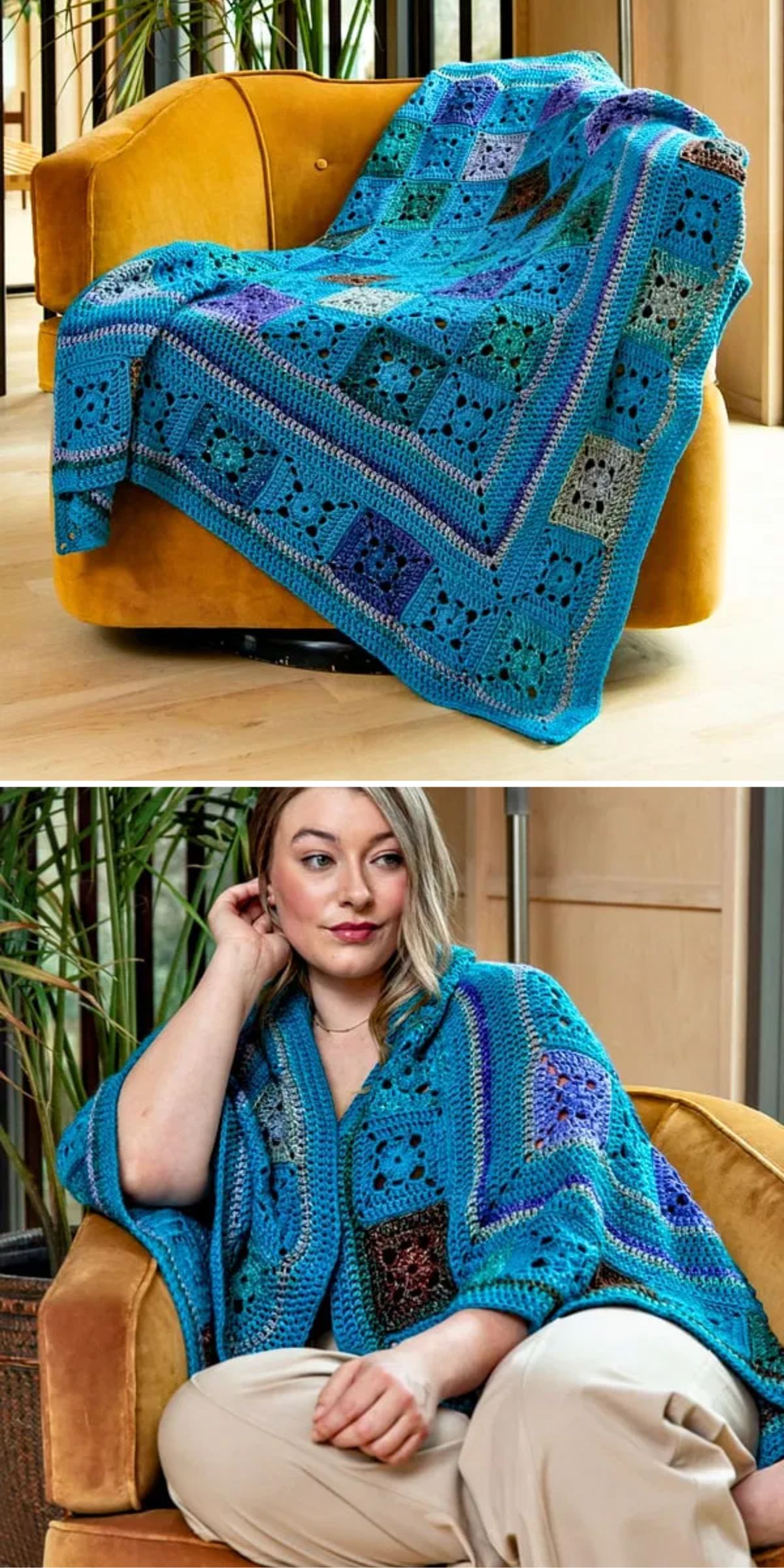 a blue crochet granny square blanket on a couch