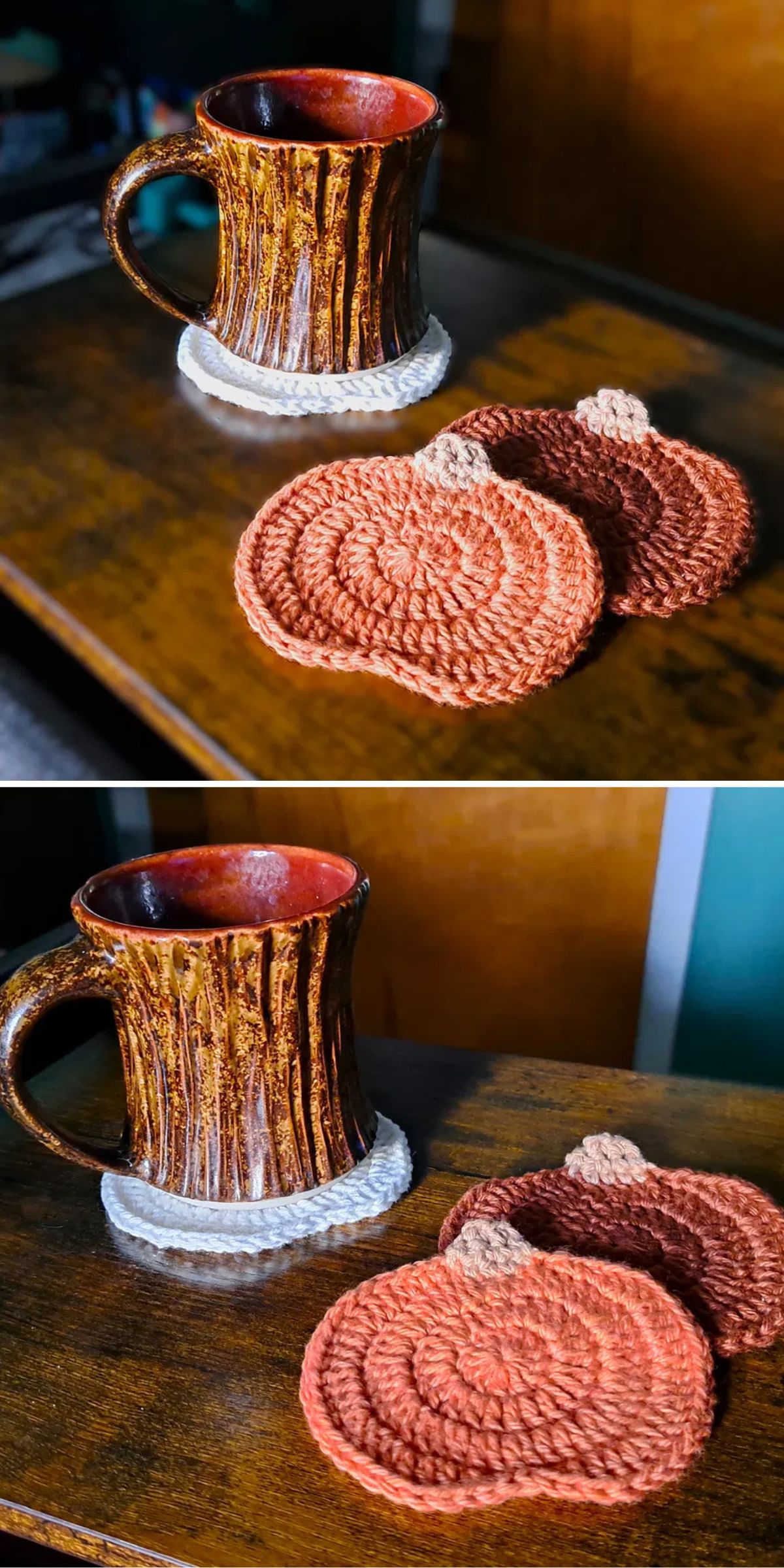 two crochet pumpkin coasters