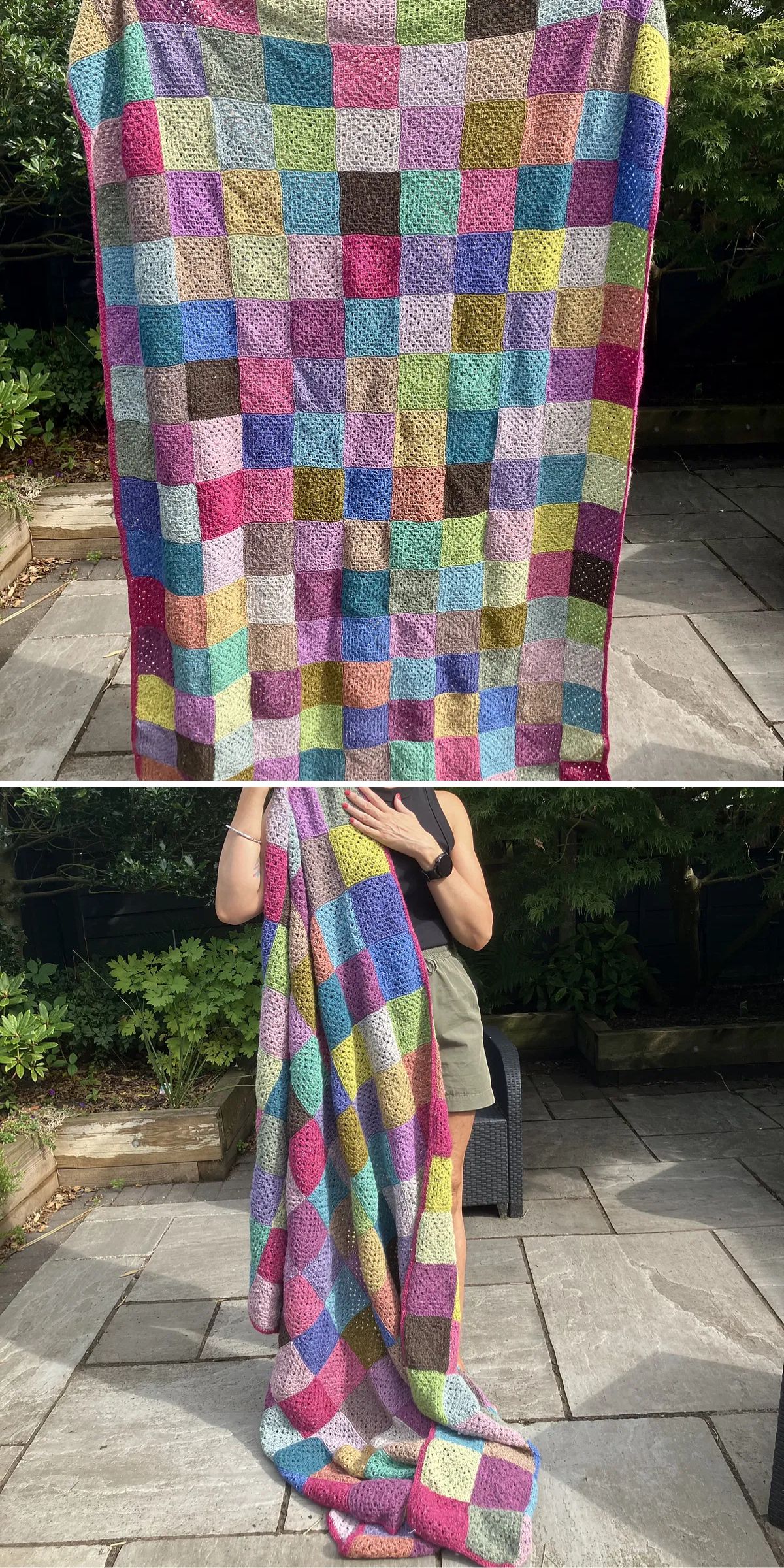 a multicolored crochet granny square blanket