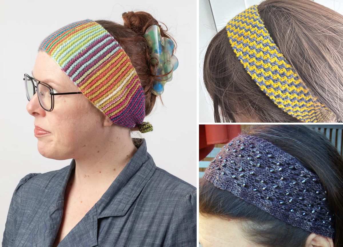 three colorful knitted headbands