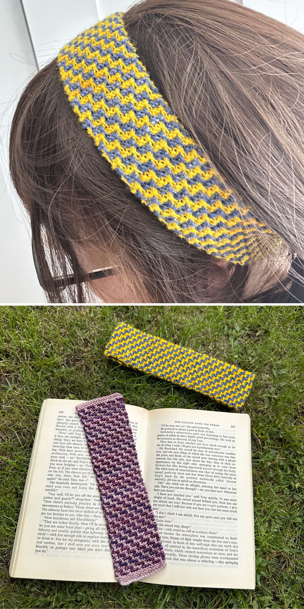 a yellow knitted headband with an eye-catching pattern that can also serve as bookmark