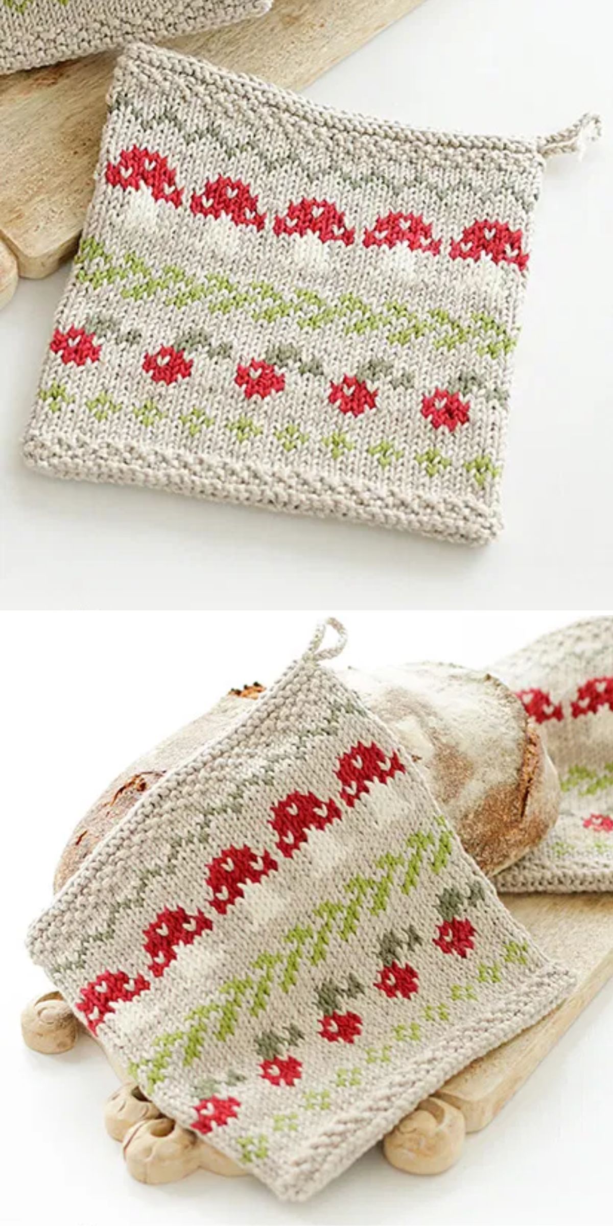 a knit potholder with mushroom motifs