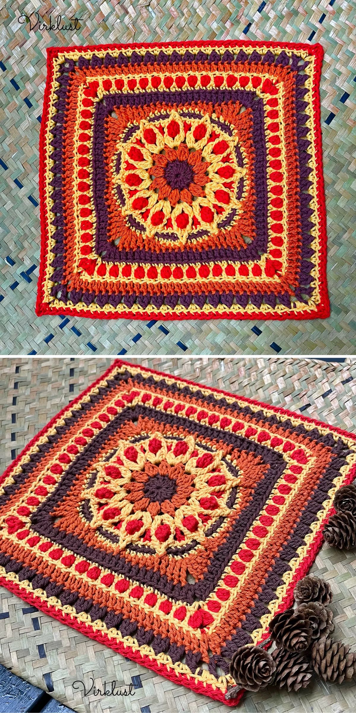 a intricate crochet flower afghan square in warm orange colors