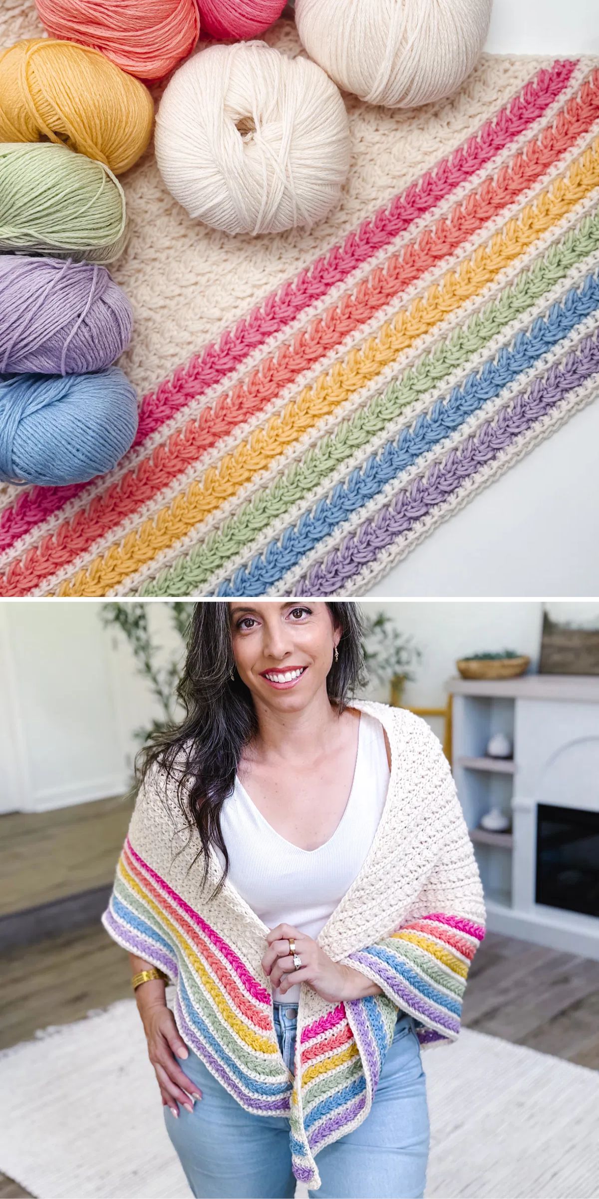 a triangle-shaped crochet shawl with a striped rainbow edging