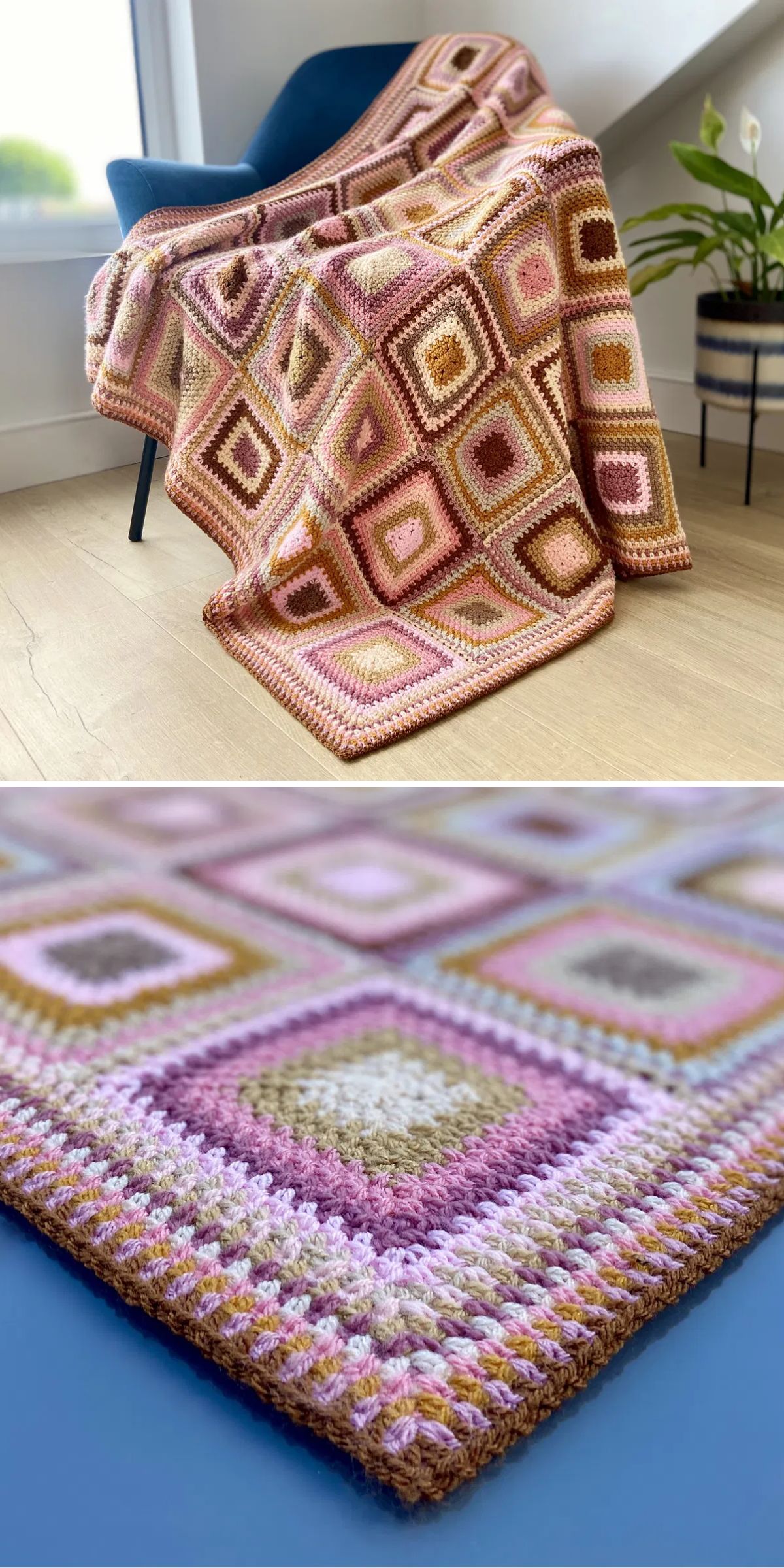 a crochet blanket made of large multicolored square blocks