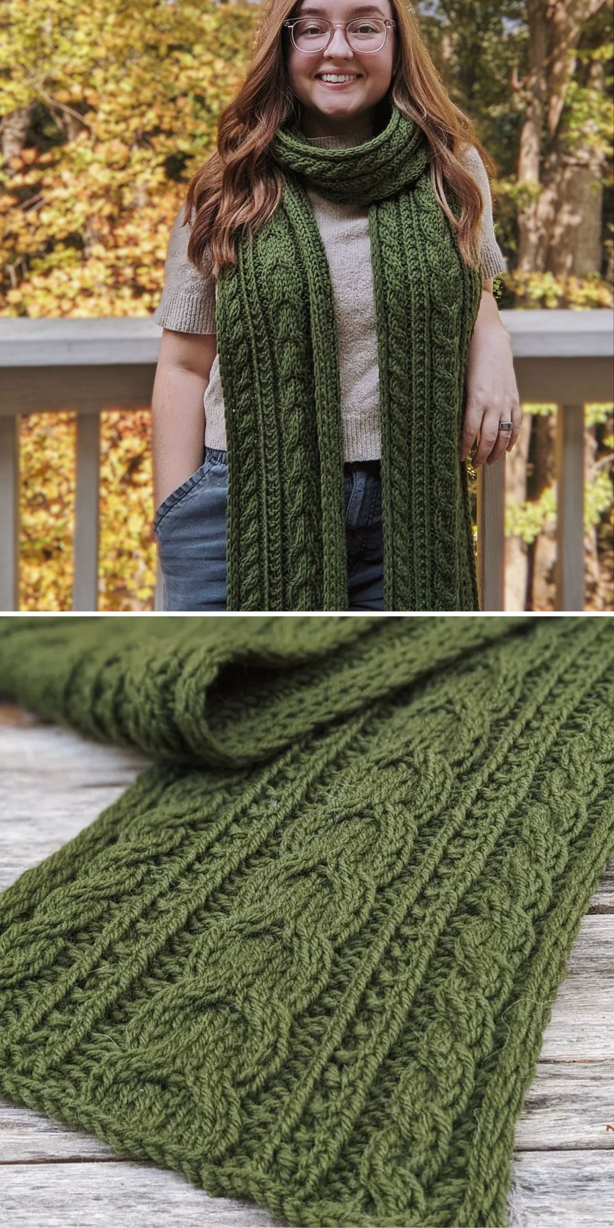 a green cable knitted scarf