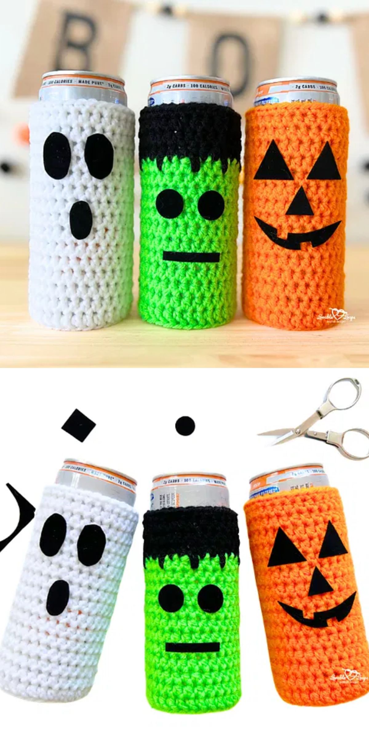 crochet drink cozies featuring vibrant Halloween-inspired designs