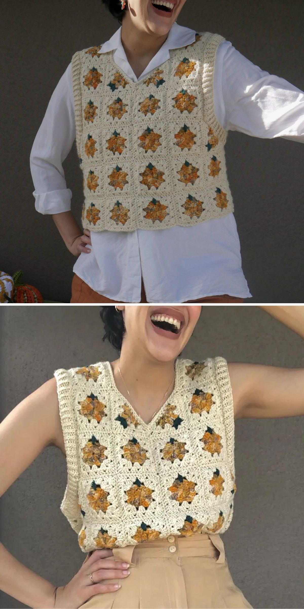 a woman wearing a crochet vest built from granny squares with pumpkin motifs