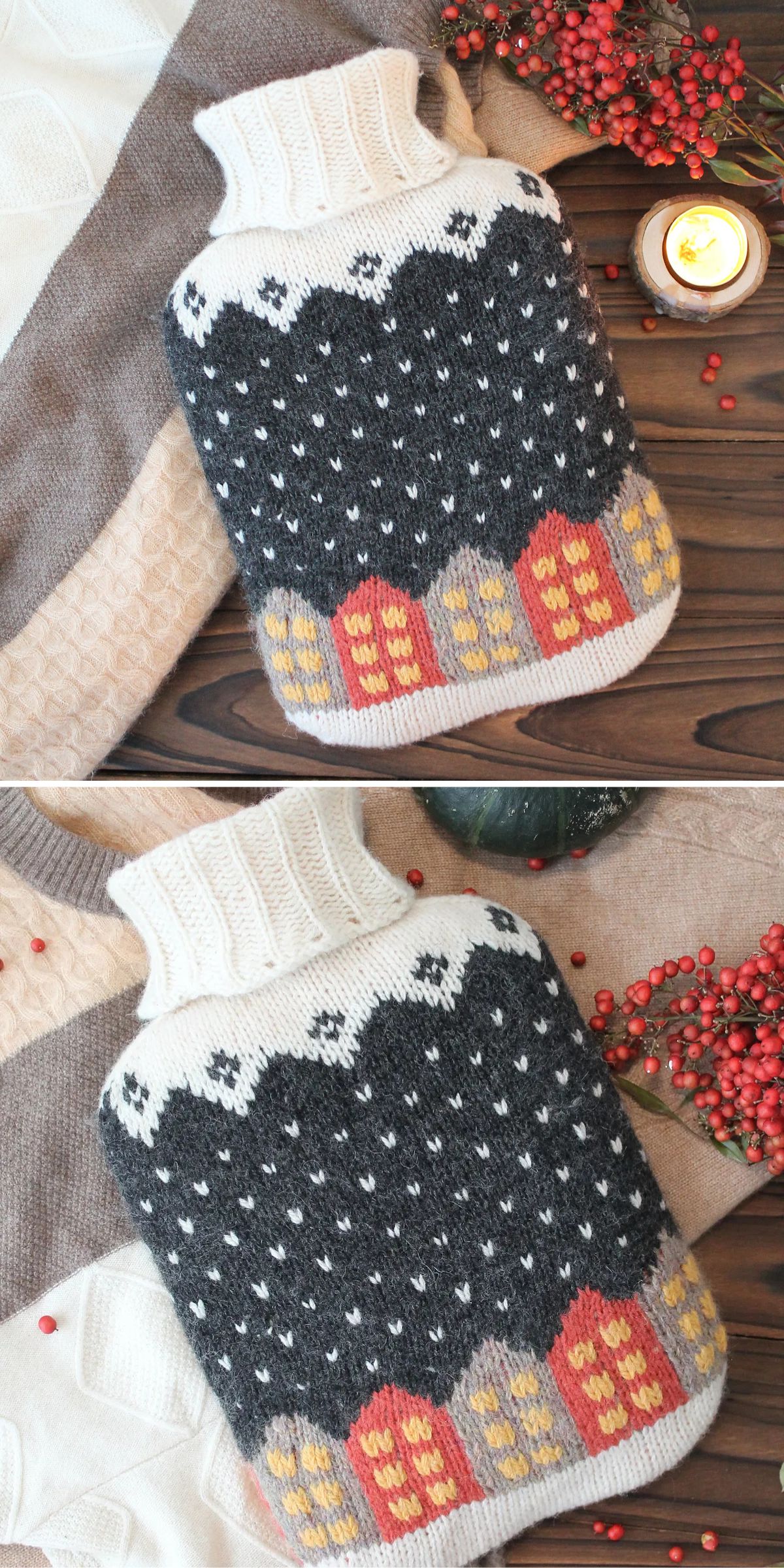 a knit hot water bottle cover with a cozy winter-inspired design