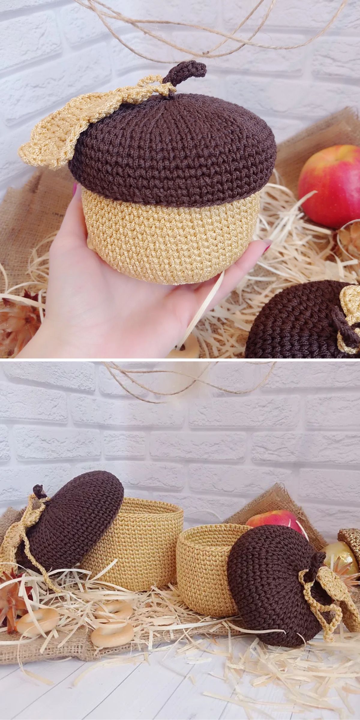 two crochet baskets shaped like acorns