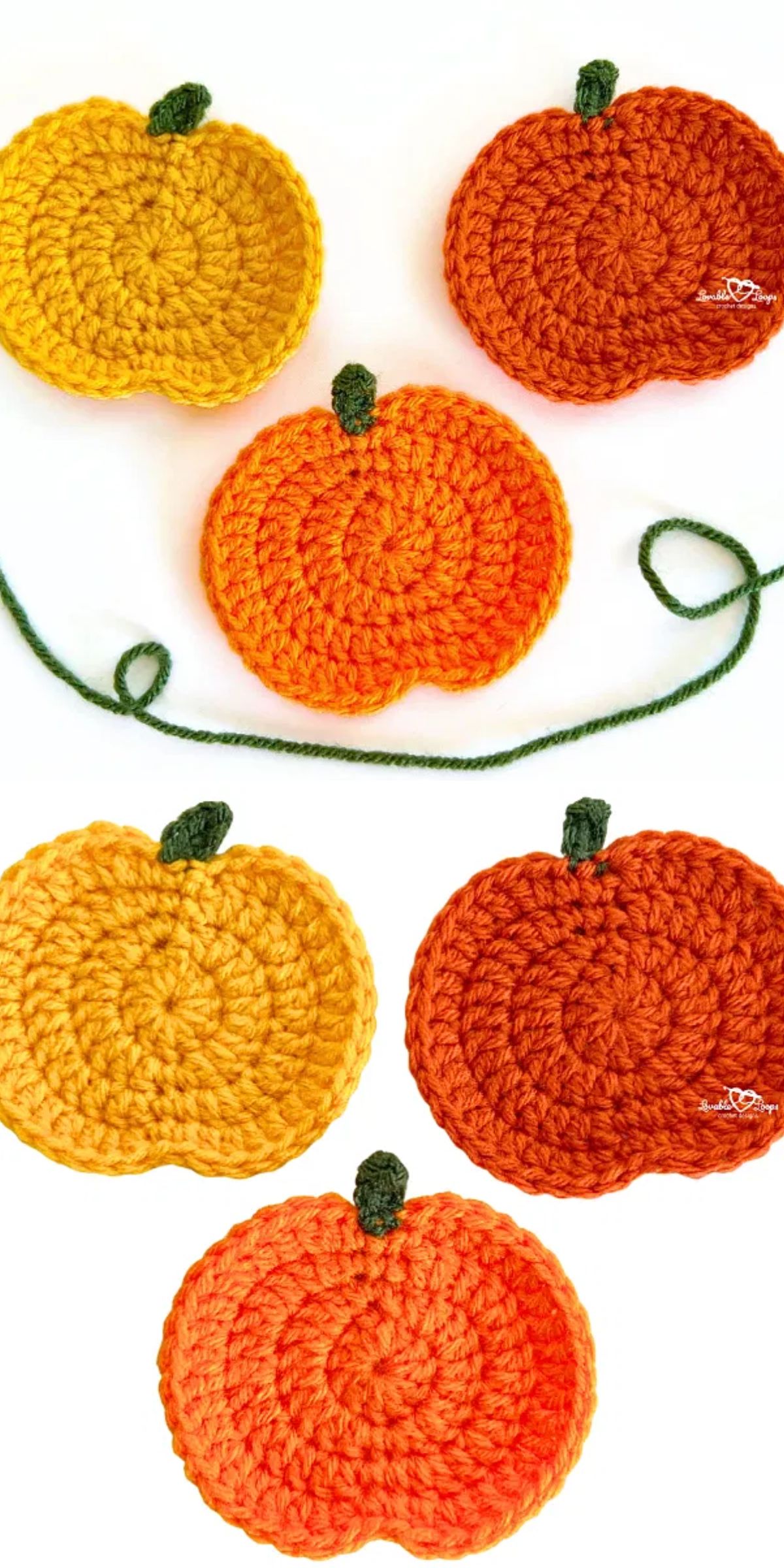 three crochet pumpkin appliques