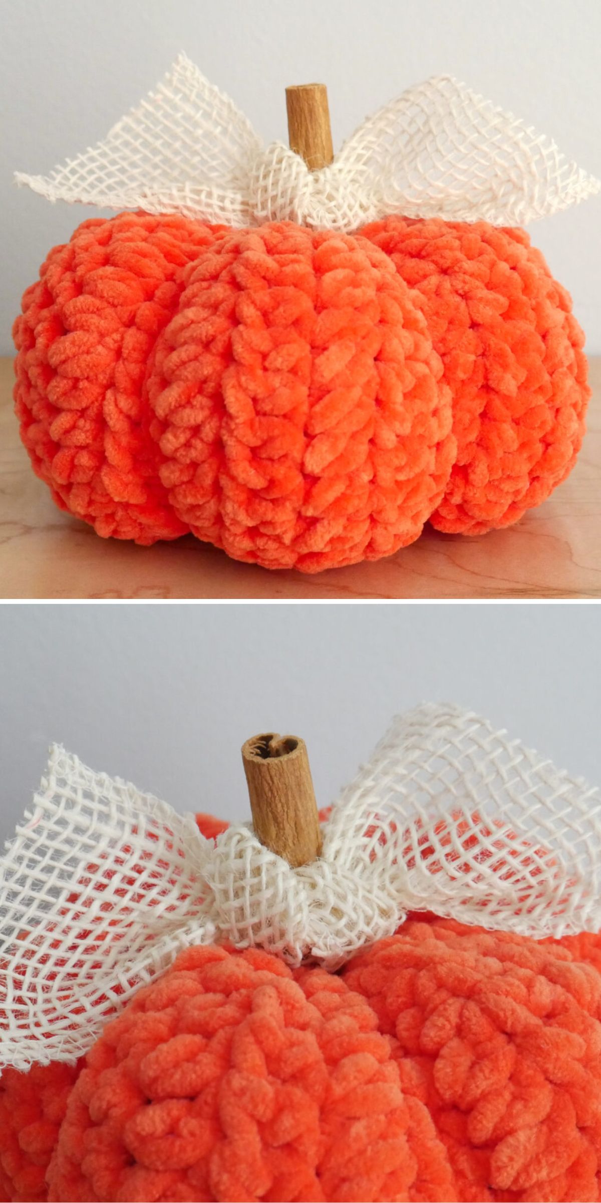 a chunky crochet pumpkin in vibrant orange shade