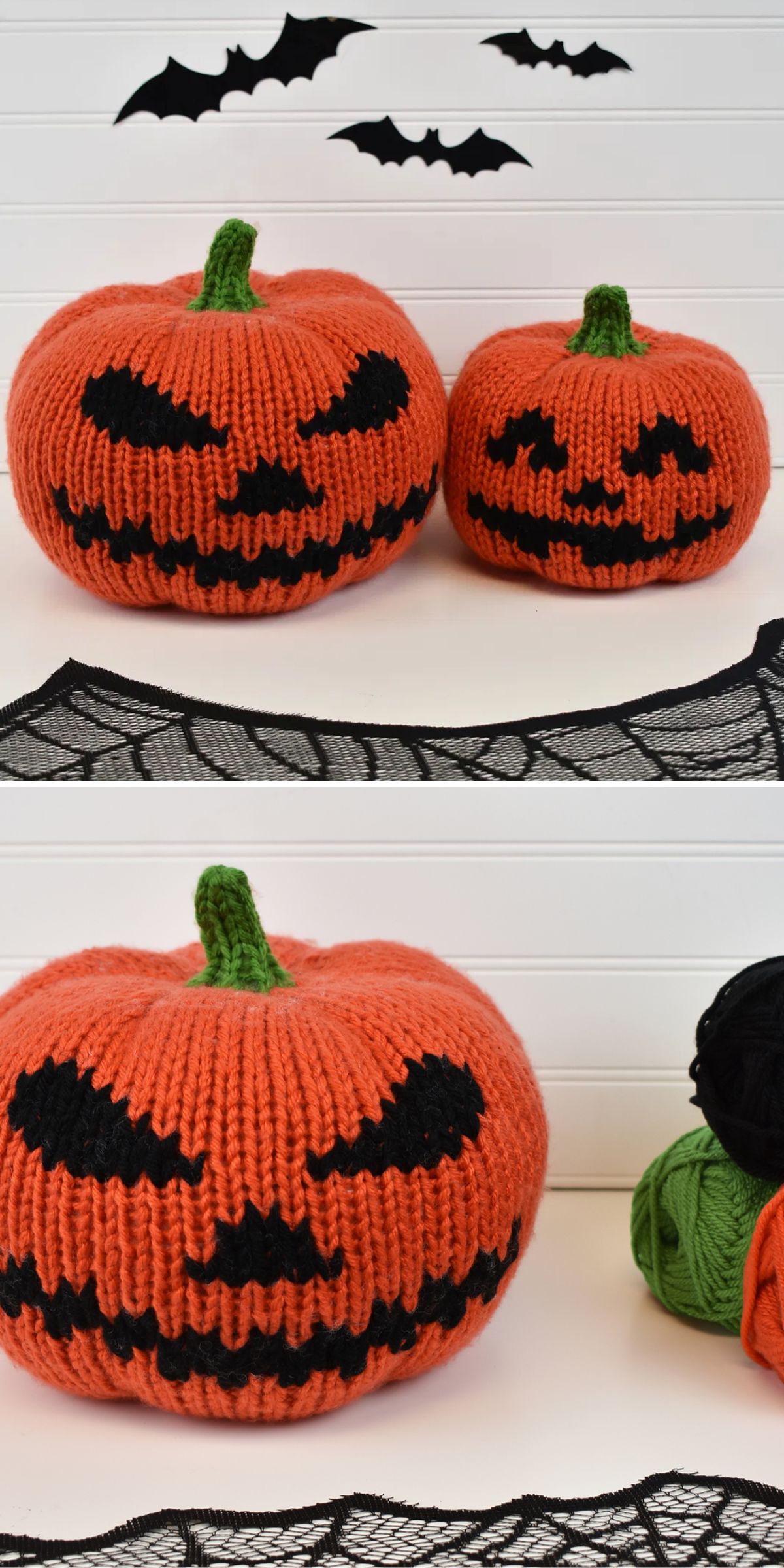 two knitted pumpkins with a halloween design