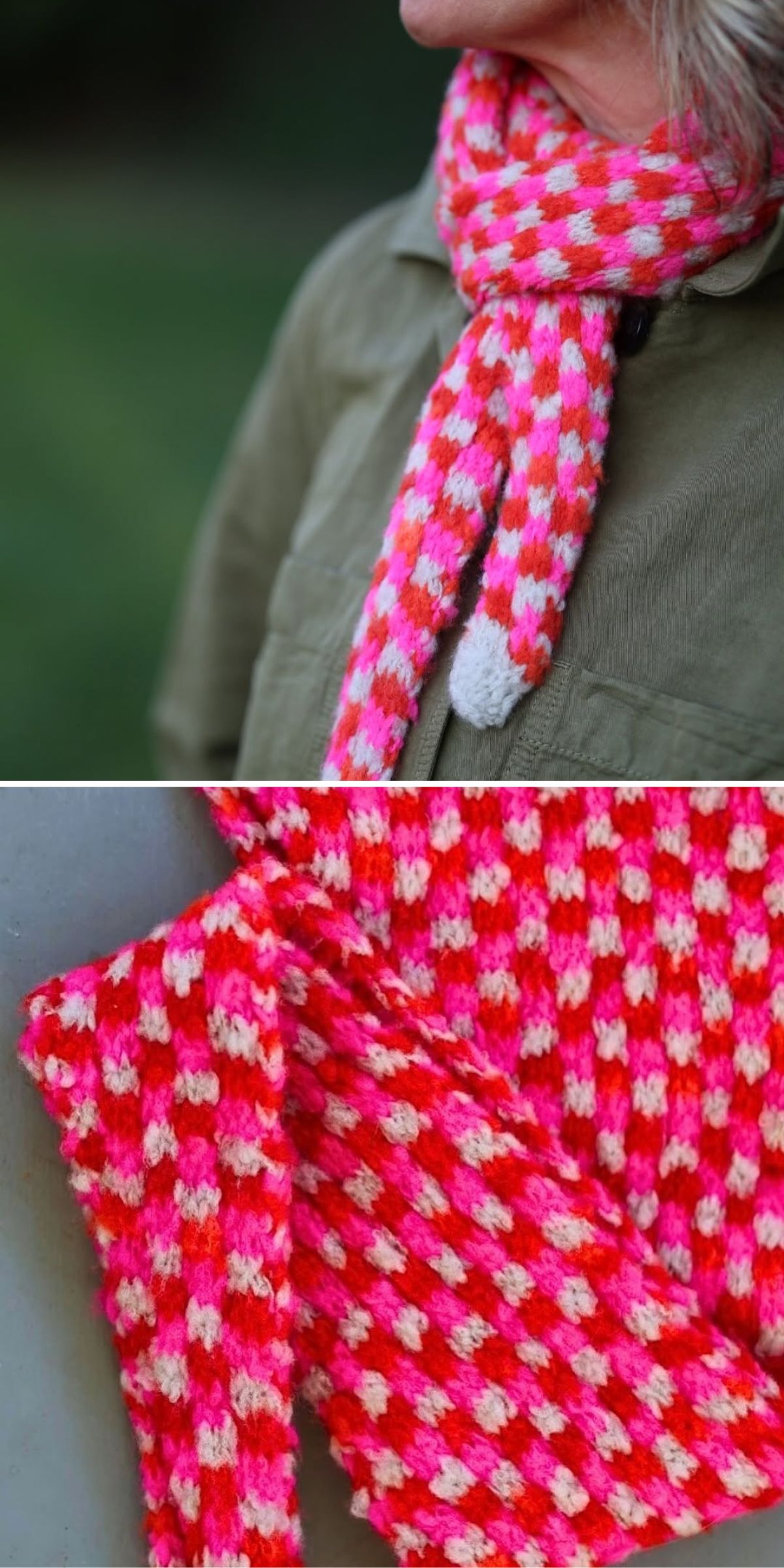 a vibrant knitted scarf in pink